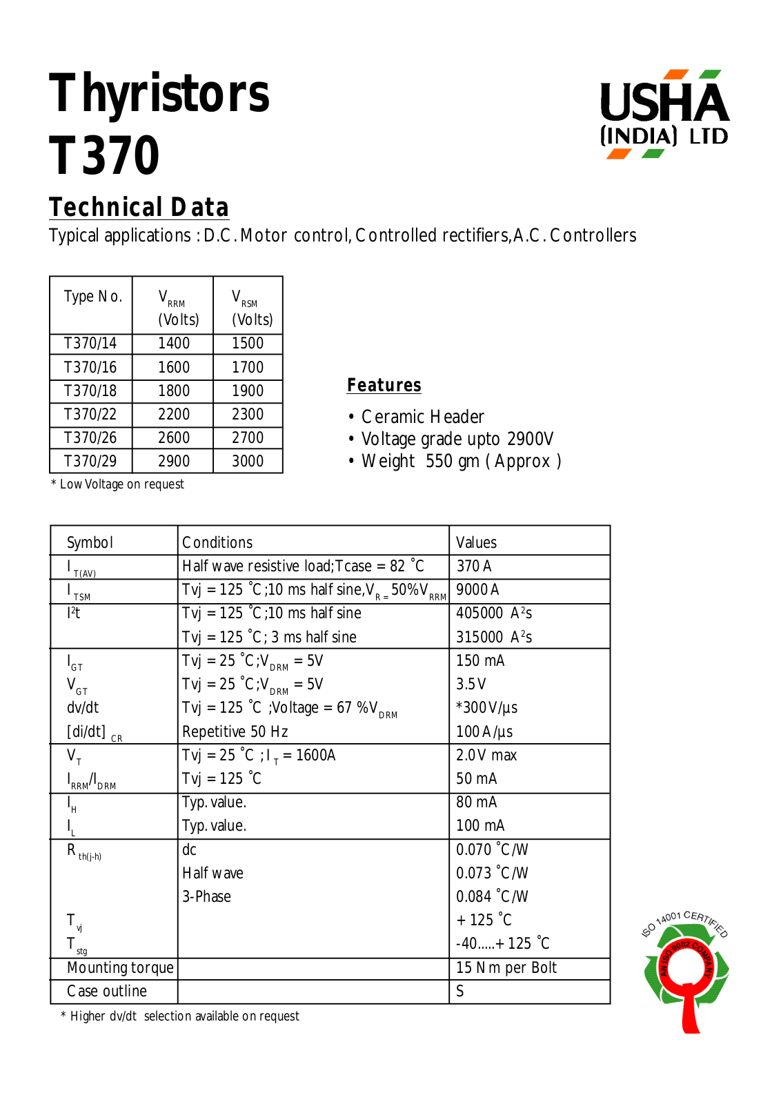 USHA T370-26, T370-29, T370-22, T370-18, T370-16 Datasheet