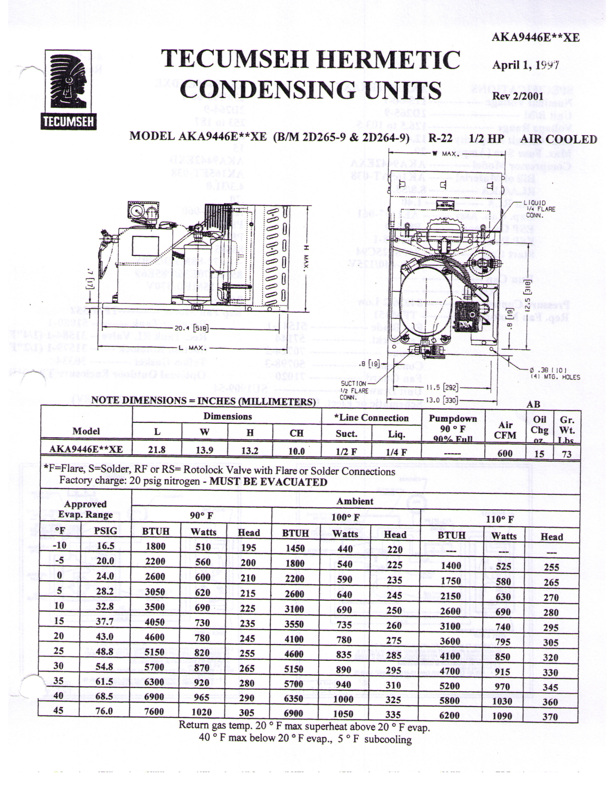 Tecumseh AKA9446EXAXE Performance Data Sheet