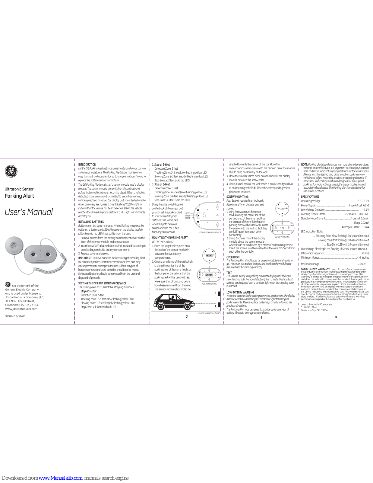 GE 50487 - Ultrasonic Sensor Parking Alert, Parking Alert 50487 User Manual