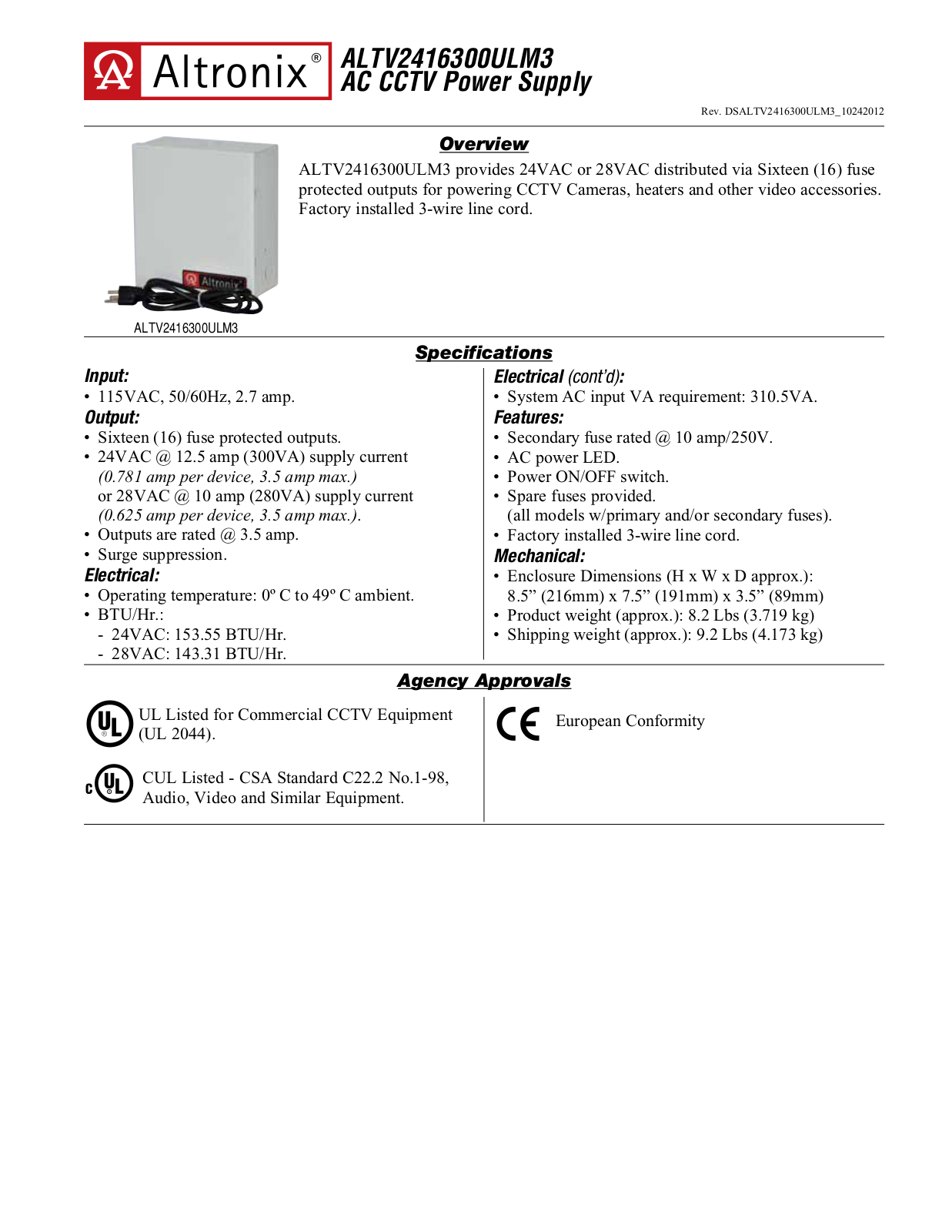 Altronix ALTV2416300ULM3 Data Sheet