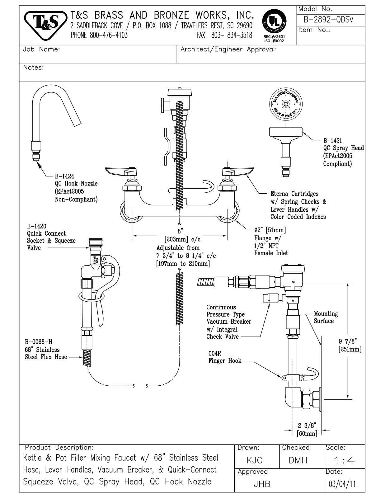 T&S Brass B-2892-QDSV User Manual