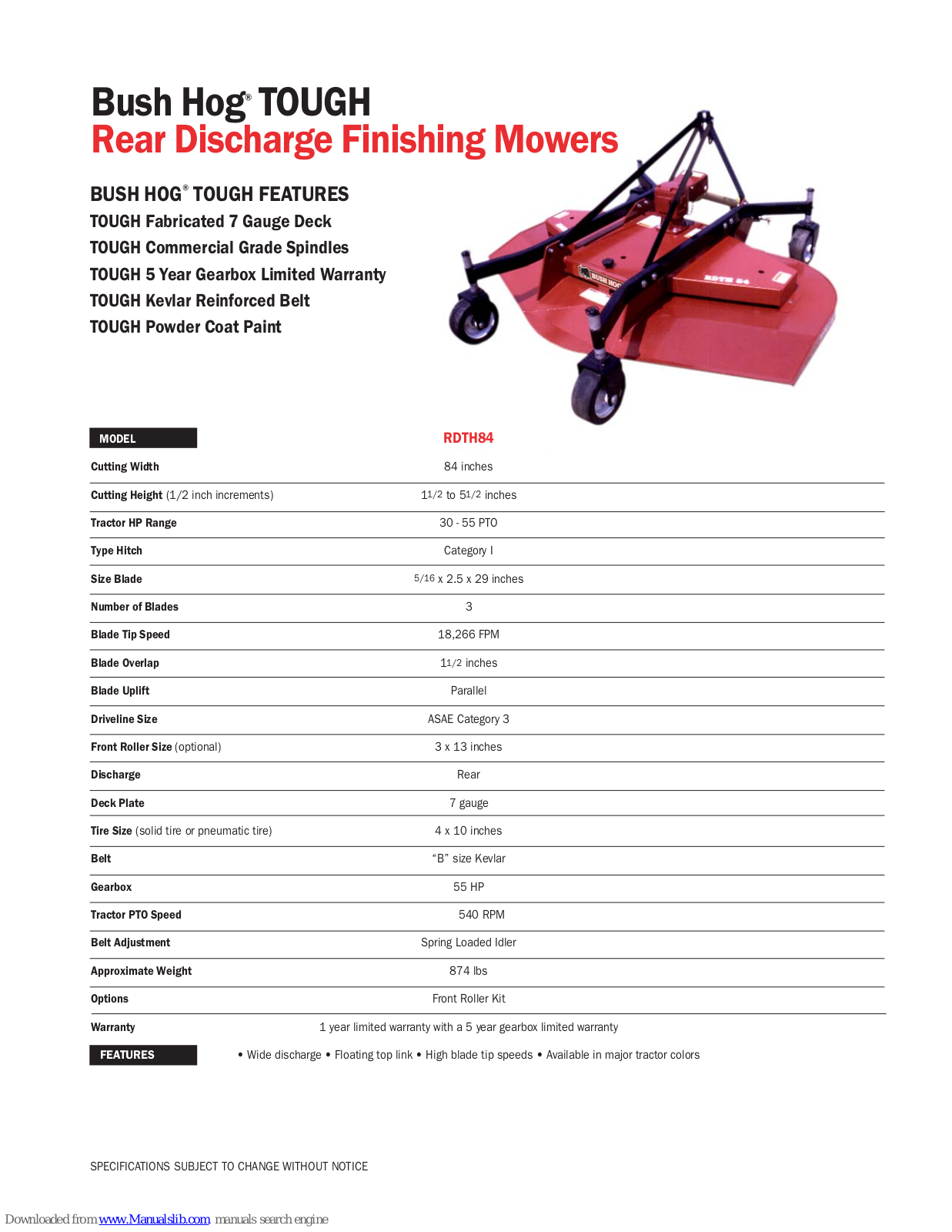 Bush Hog RDTH84, TOUGH RDTH84 Specifications