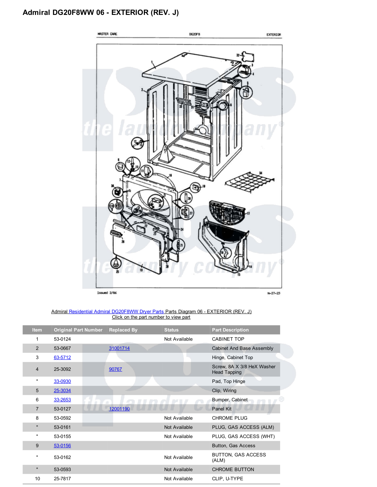 Admiral DG20F8WW Parts Diagram