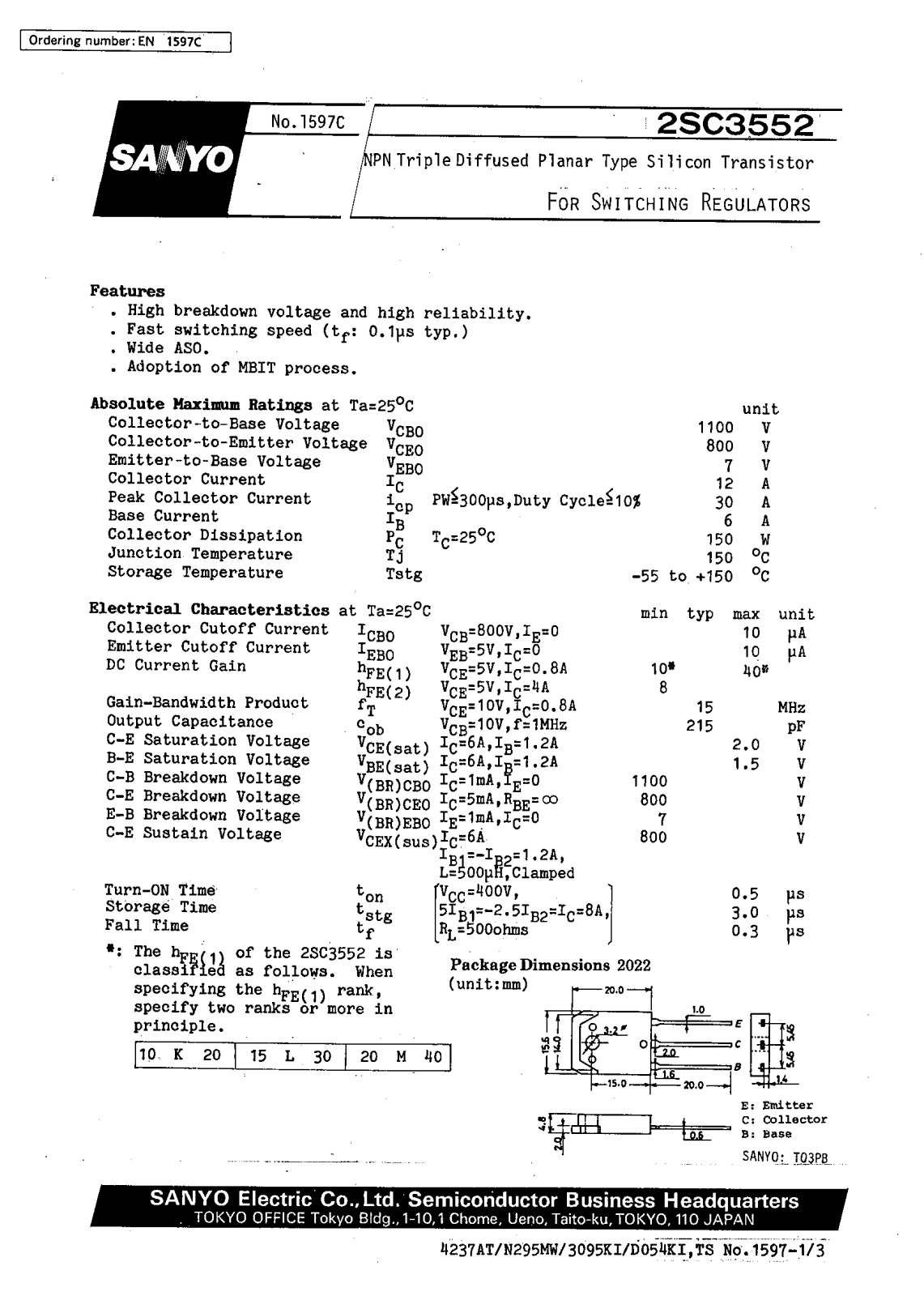 SANYO 2SC3552 Datasheet