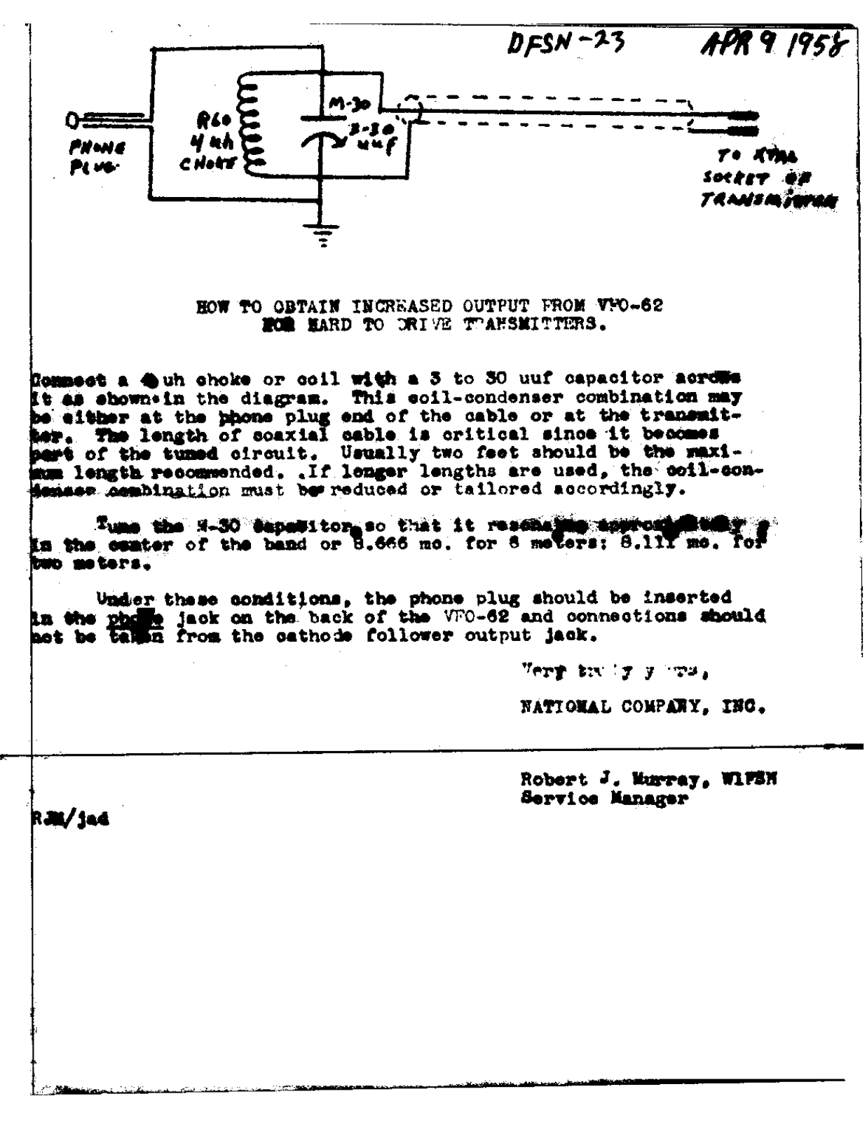 NATIONAL RADIO vfo-62 SERVICE BULLETIN