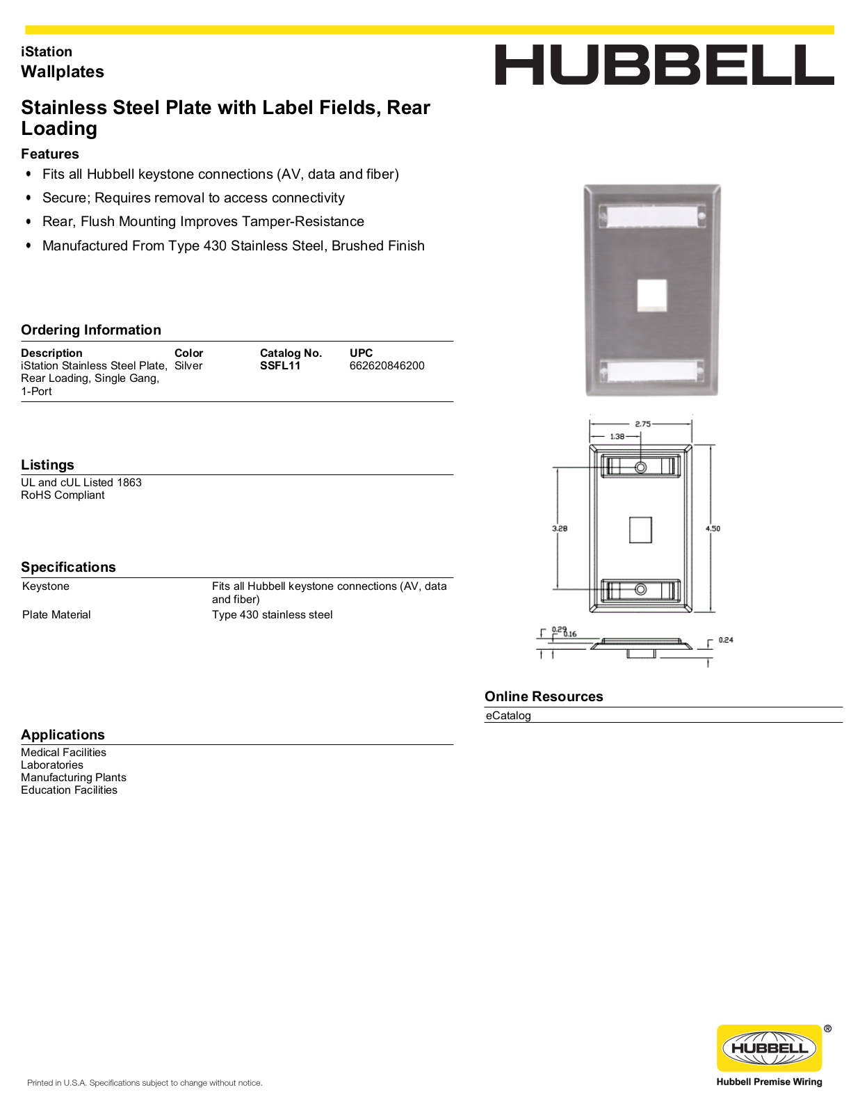 Hubbell SSFL11 Specifications