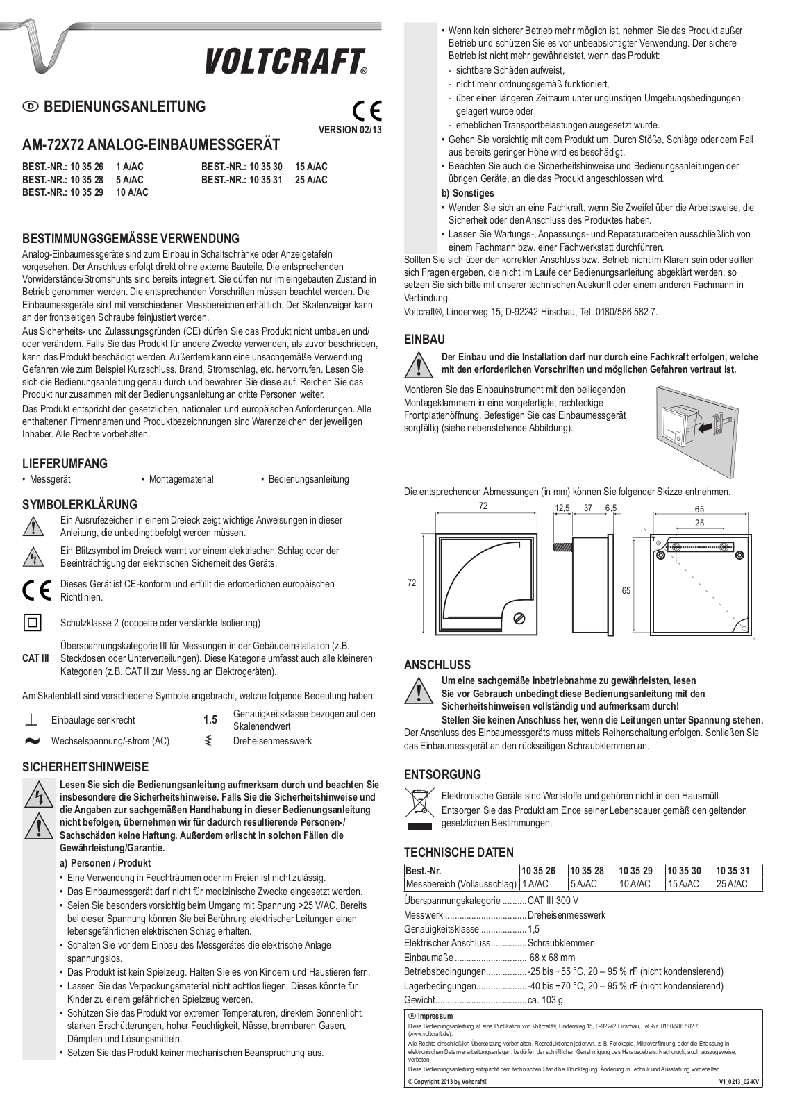 VOLTCRAFT AM-72X72/1A, AM-72X72/15A, AM-72X72/10A, AM-72X72/5A, AM-72X72/25A User guide