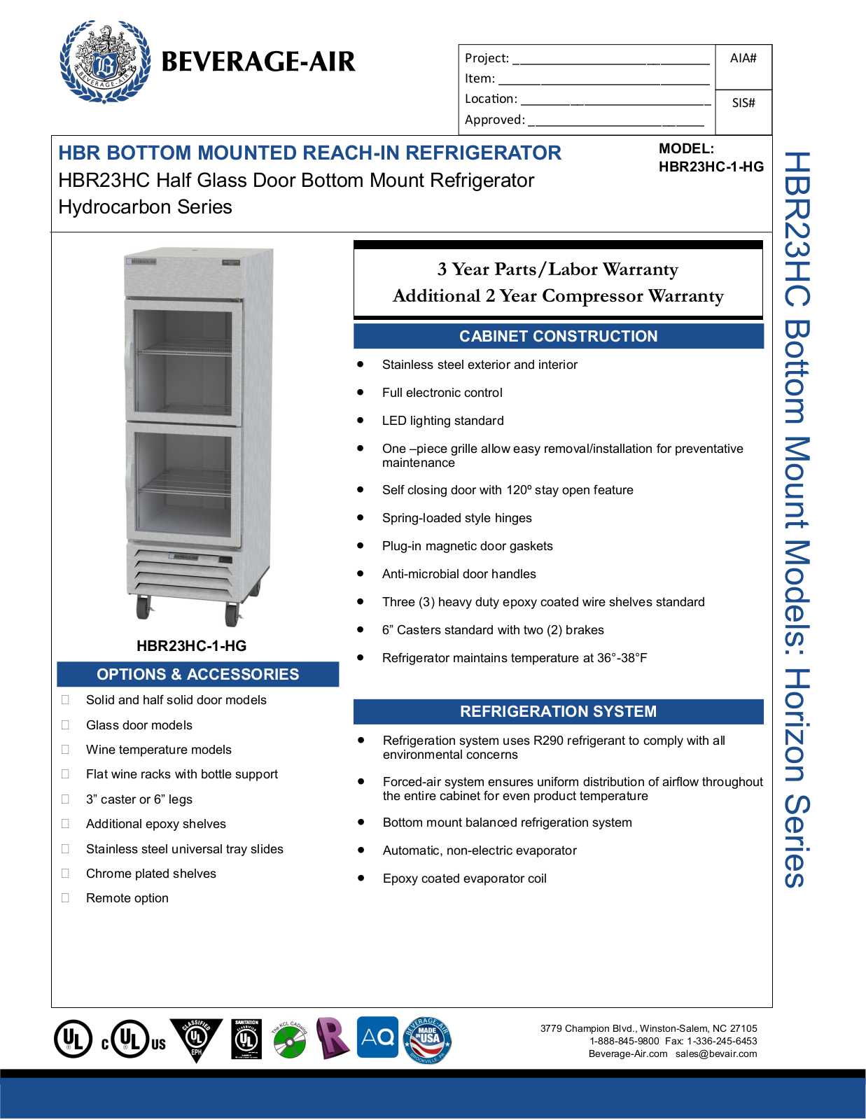 Beverage-Air HBR23HC1HG Specifications