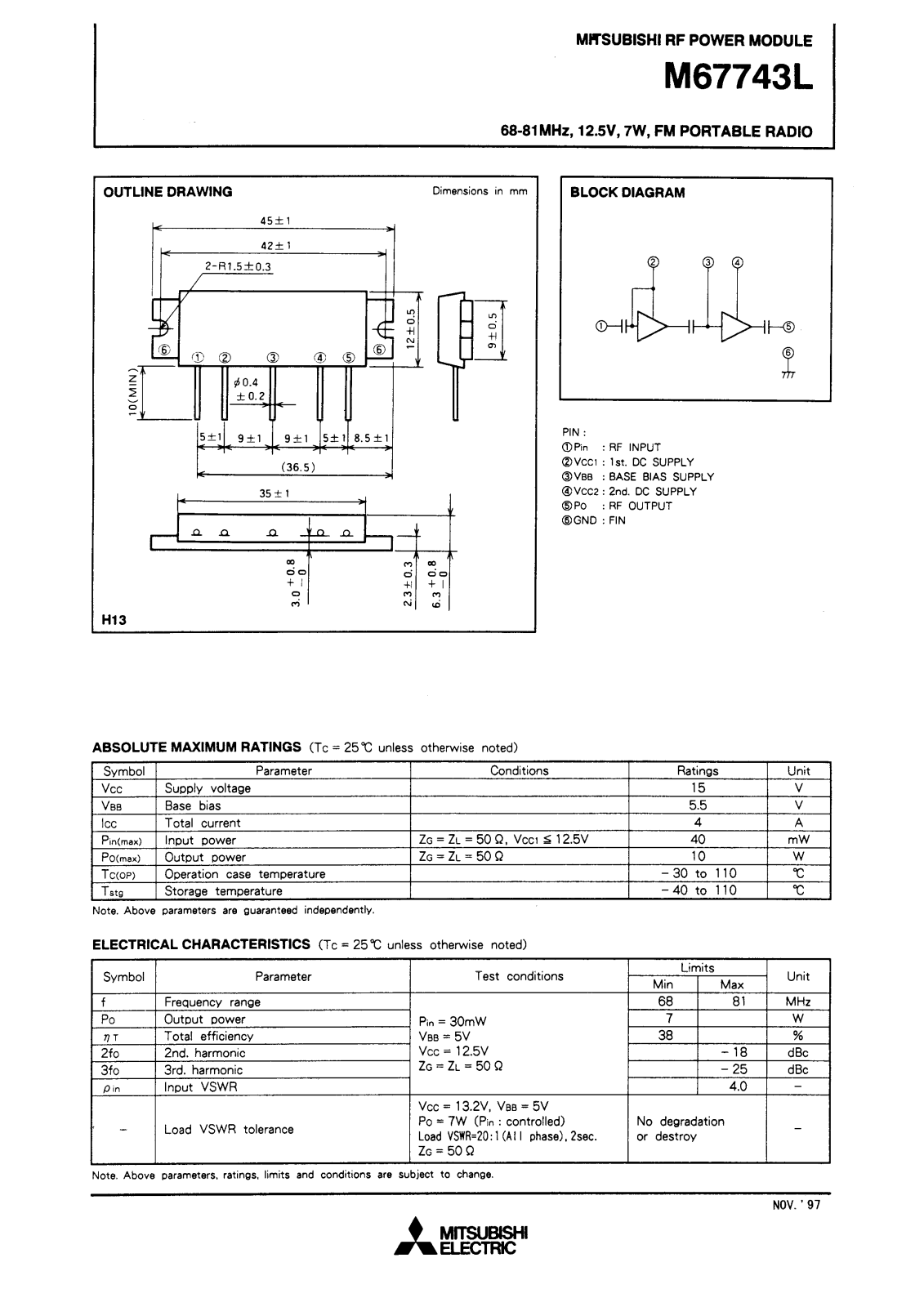 Mitsubishi M67743L Datasheet