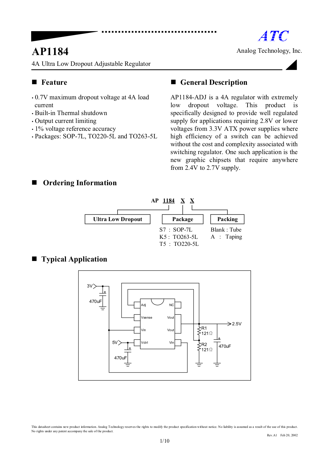 ATC AP1184T5A, AP1184T5, AP1184S7A, AP1184S7, AP1184K5A Datasheet