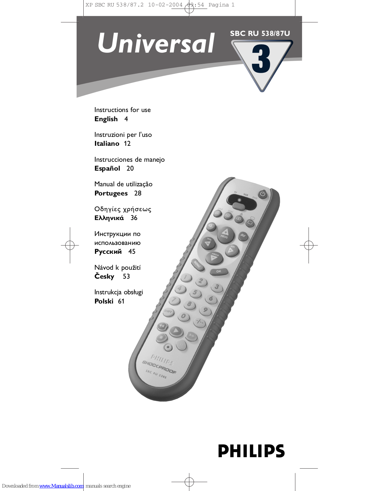 Philips SBC RU 87U, SBCRU538/87Y, SBCRU538/87W, SBCRU538/87E, SBC RU 538/87U Instructions For Use Manual