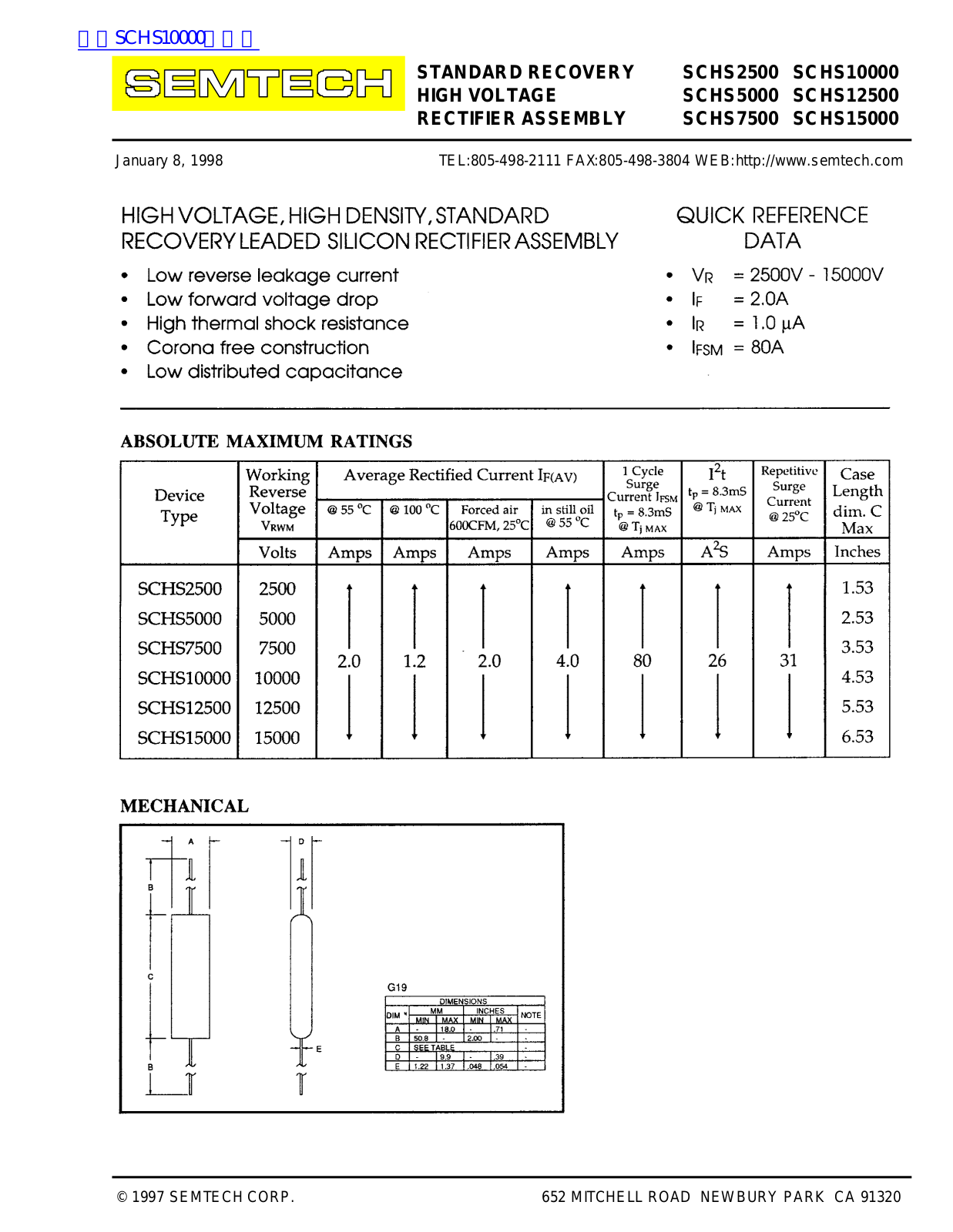 SEMTECH SCHS2500, SCHS10000, SCHS5000, SCHS12500, SCHS7500 Technical data