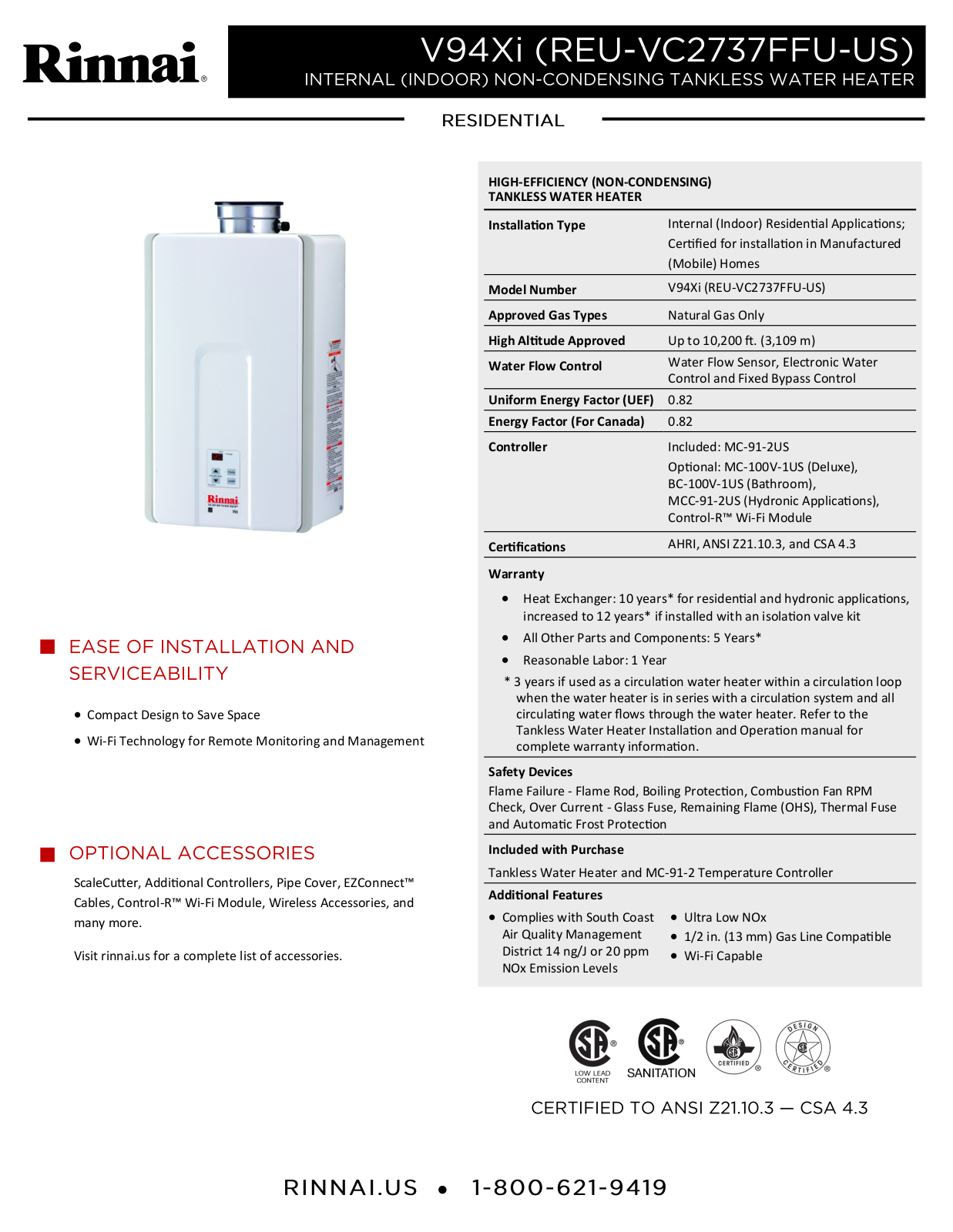 Rinnai Water Heater V94XiN Specifications