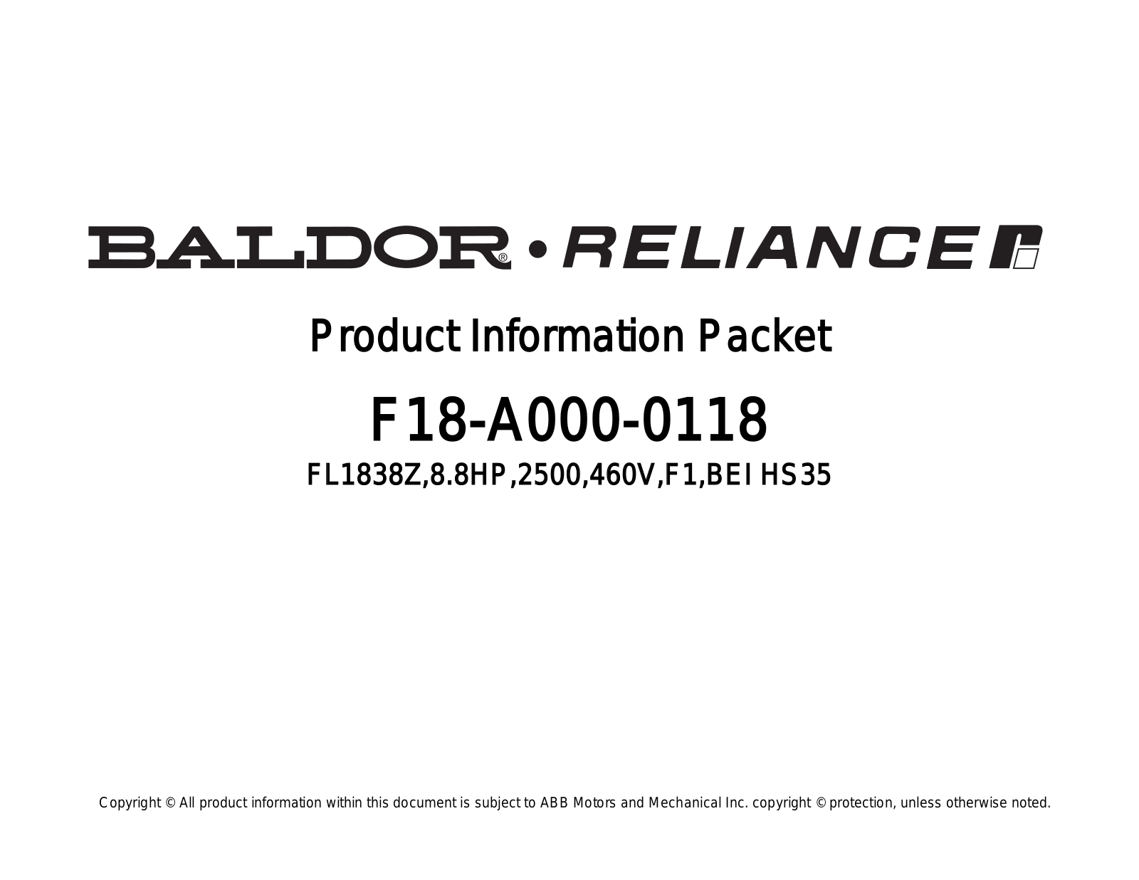 Baldor F18-A000-0118 Product Information Sheet