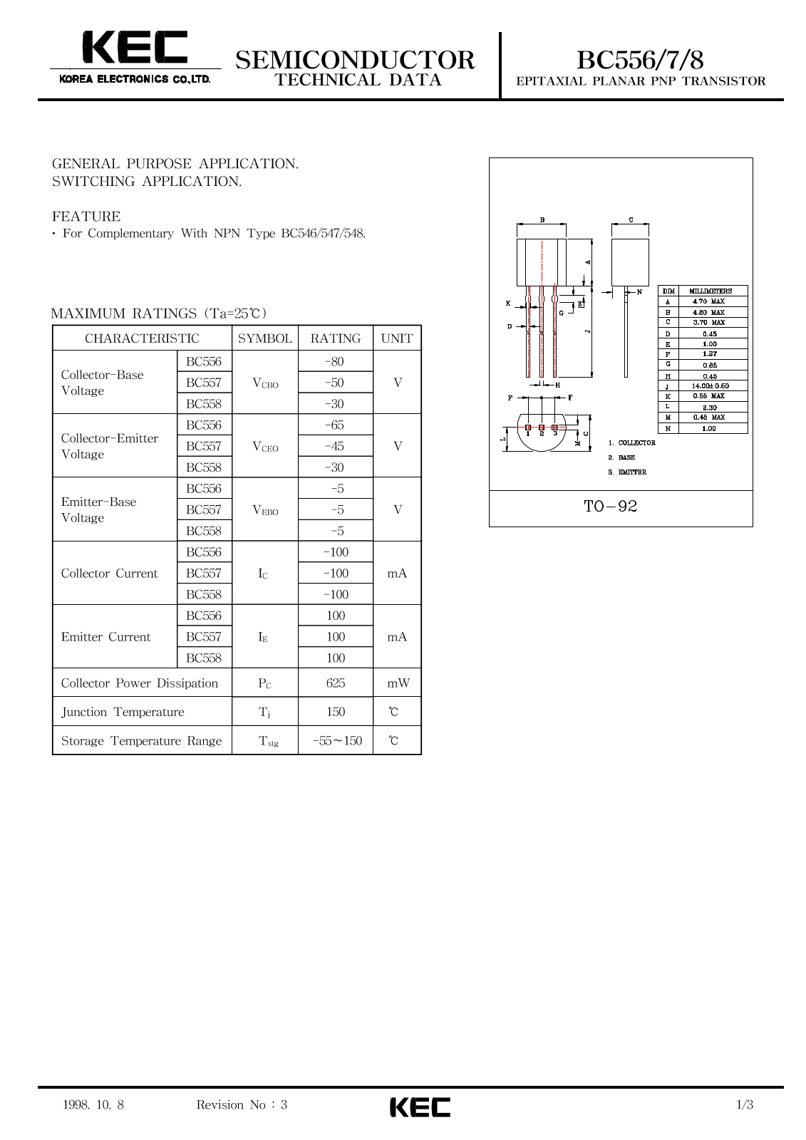 Korea Electronics Co  Ltd BC558, BC556, BC557 Datasheet