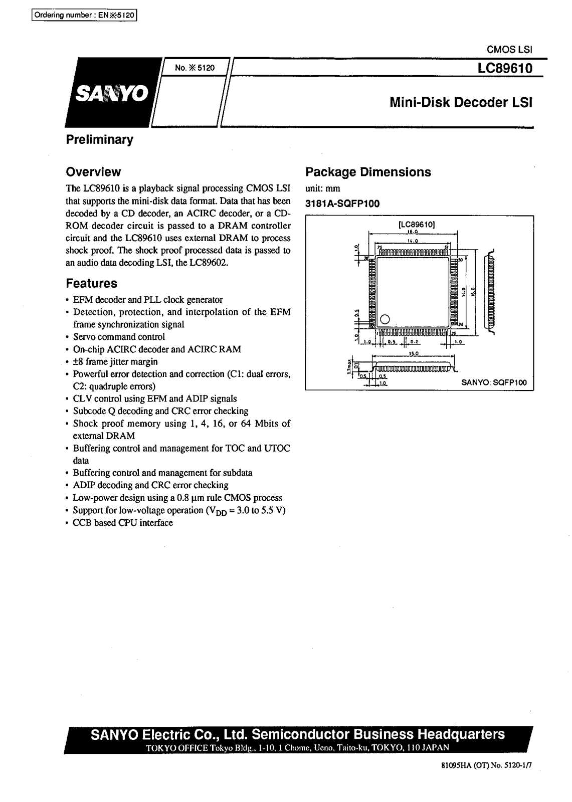 SANYO LC89610 Datasheet