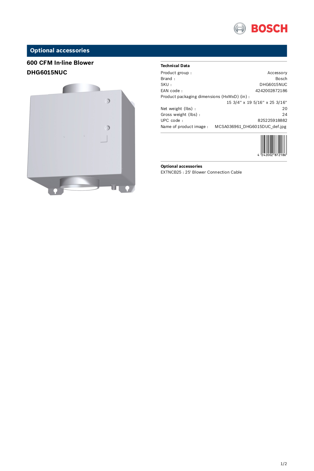 Bosch DHG6015NUC PRODUCT SPECIFICATIONS
