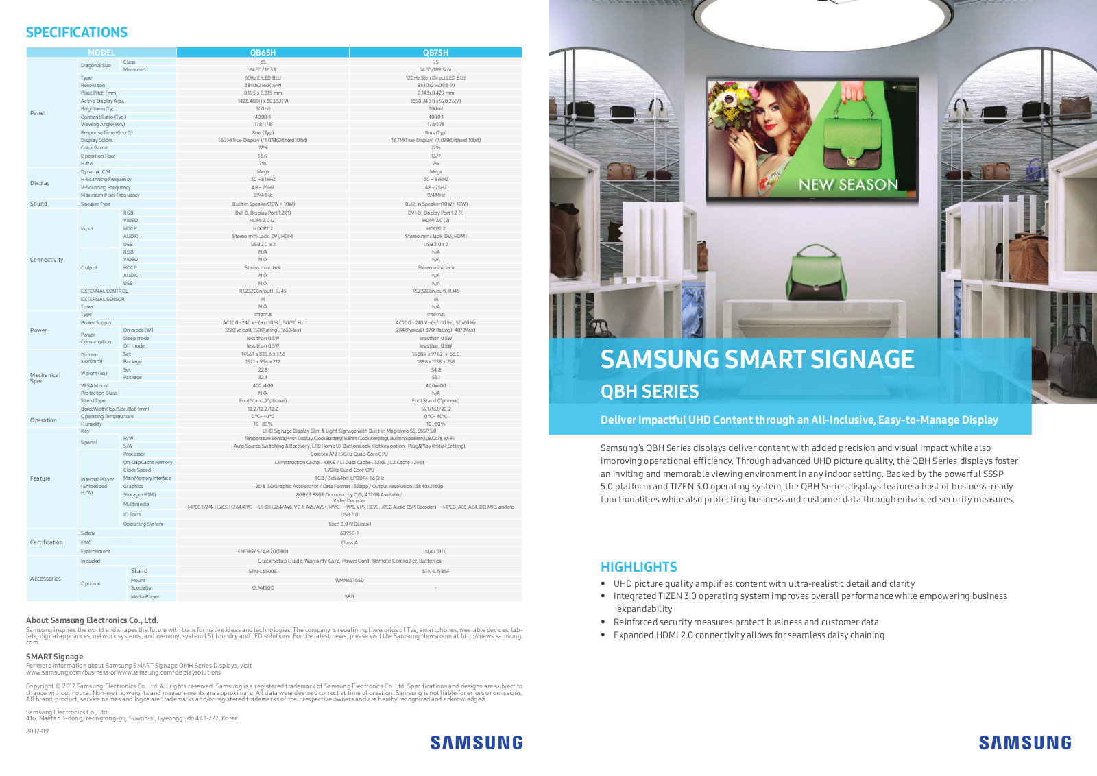 Samsung QB65H Technical data