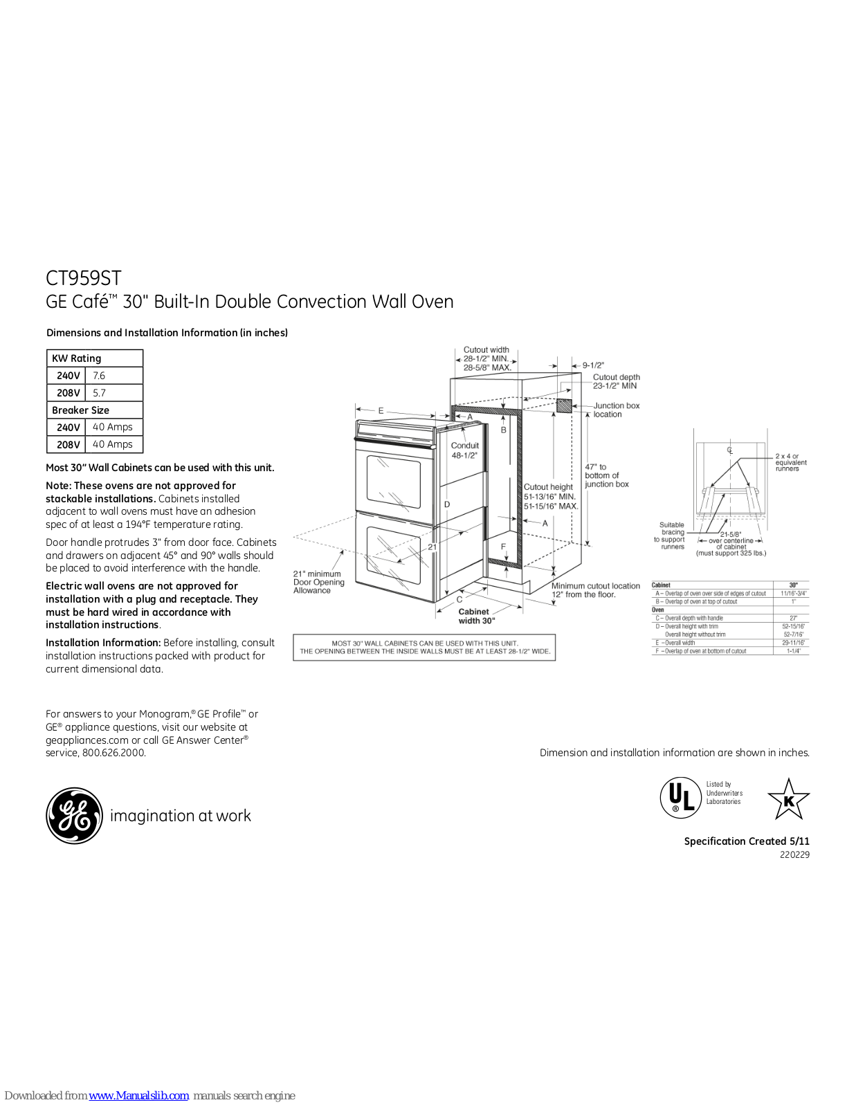 GE Café CT959STSS, Café CT959ST Dimensions And Installation Information