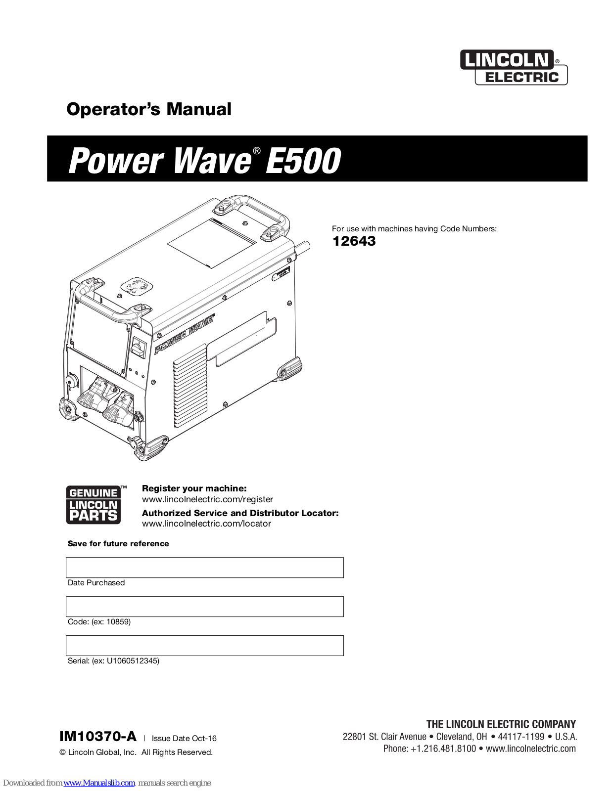 Lincoln Electric Power Wave E500, 12643 Operator's Manual