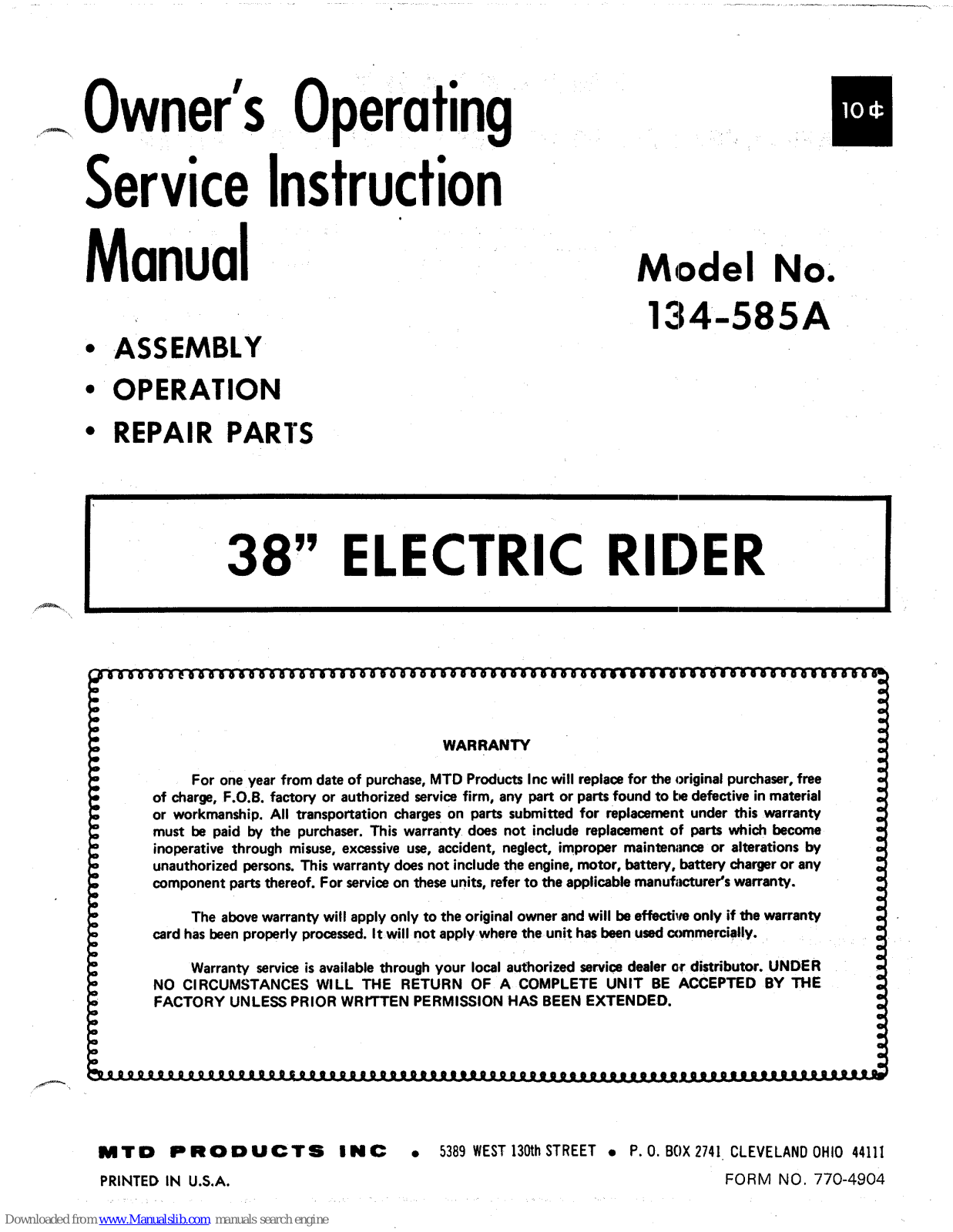 MTD 134-585A Owner's Manual