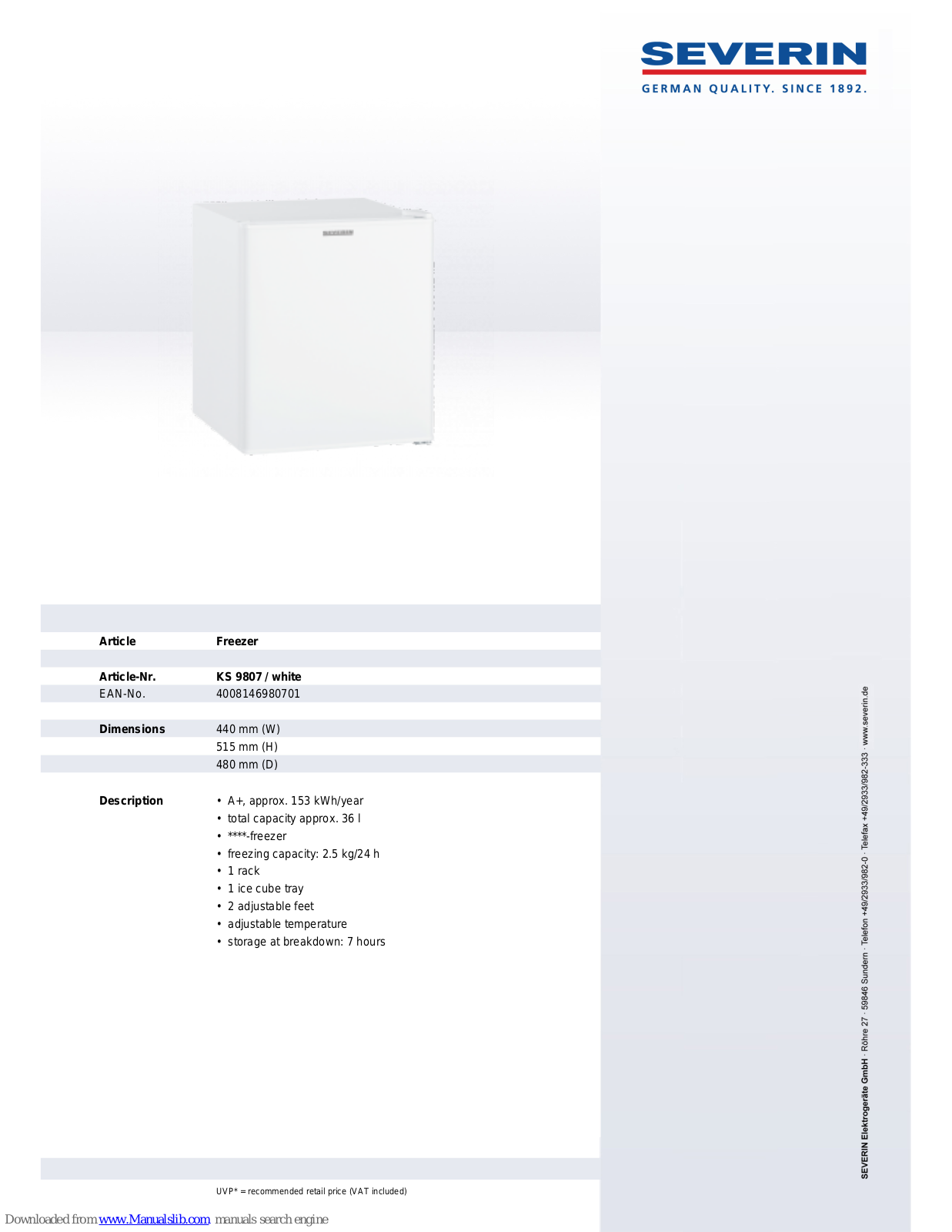 SEVERIN FREEZER - DATASHEET 2, KS 9807 Dimensions