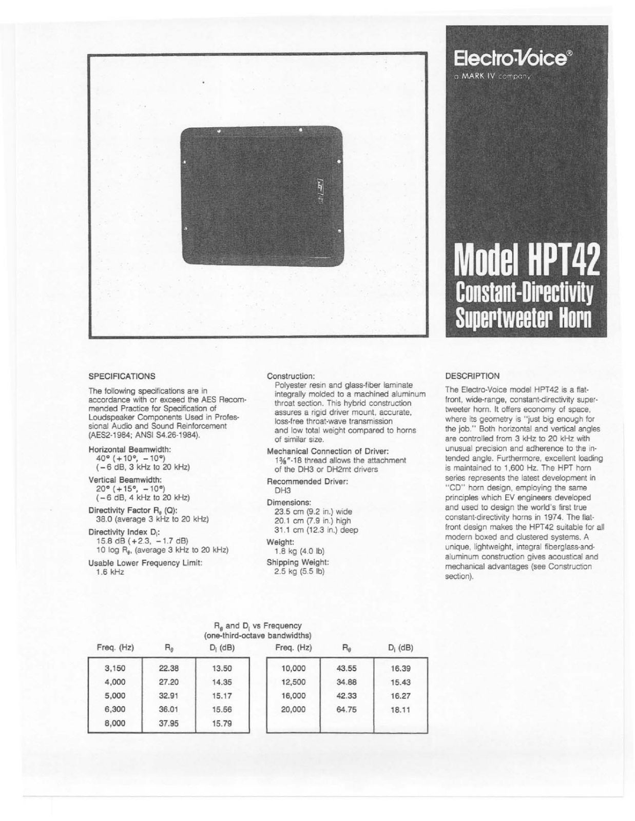 Electro-voice HPT 42 DATASHEET