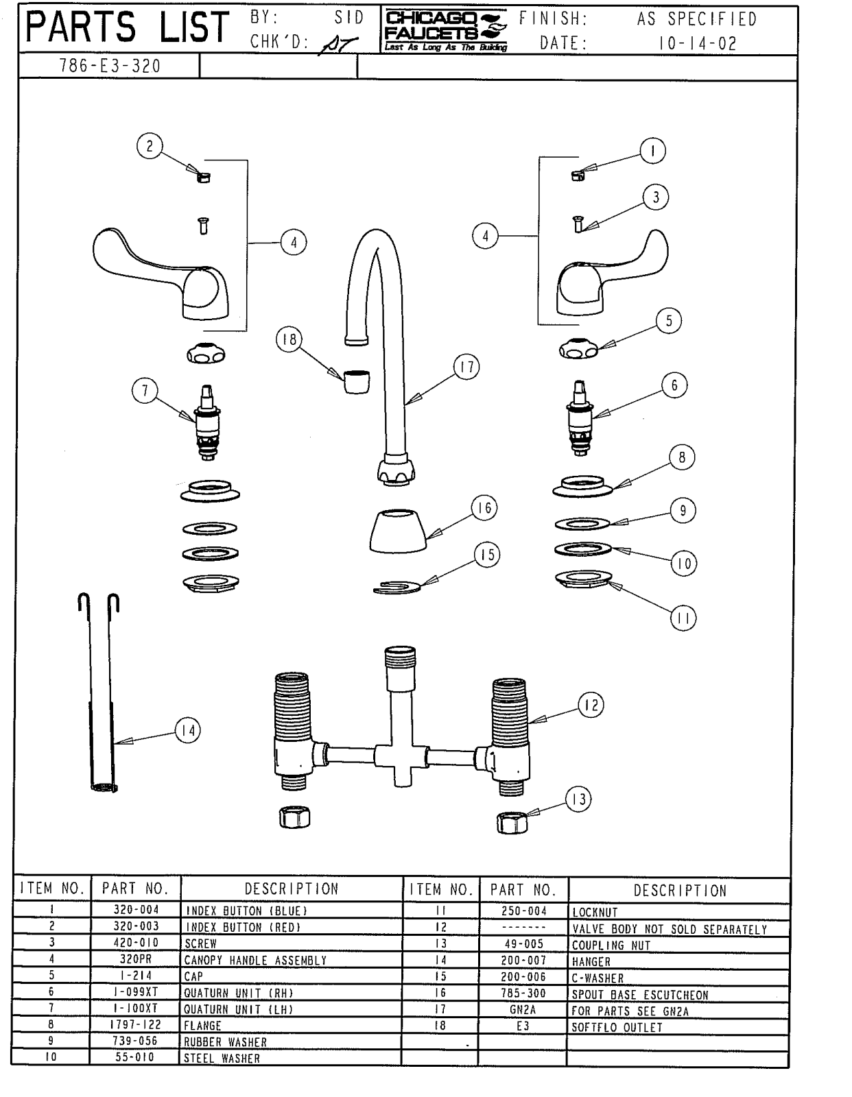 Chicago Faucet 786-E3-320 Parts List