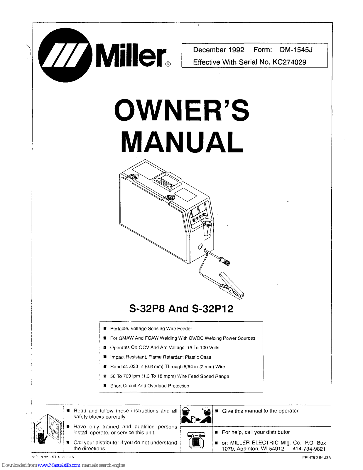 Miller S-32P8, S-32P12 Owner's Manual