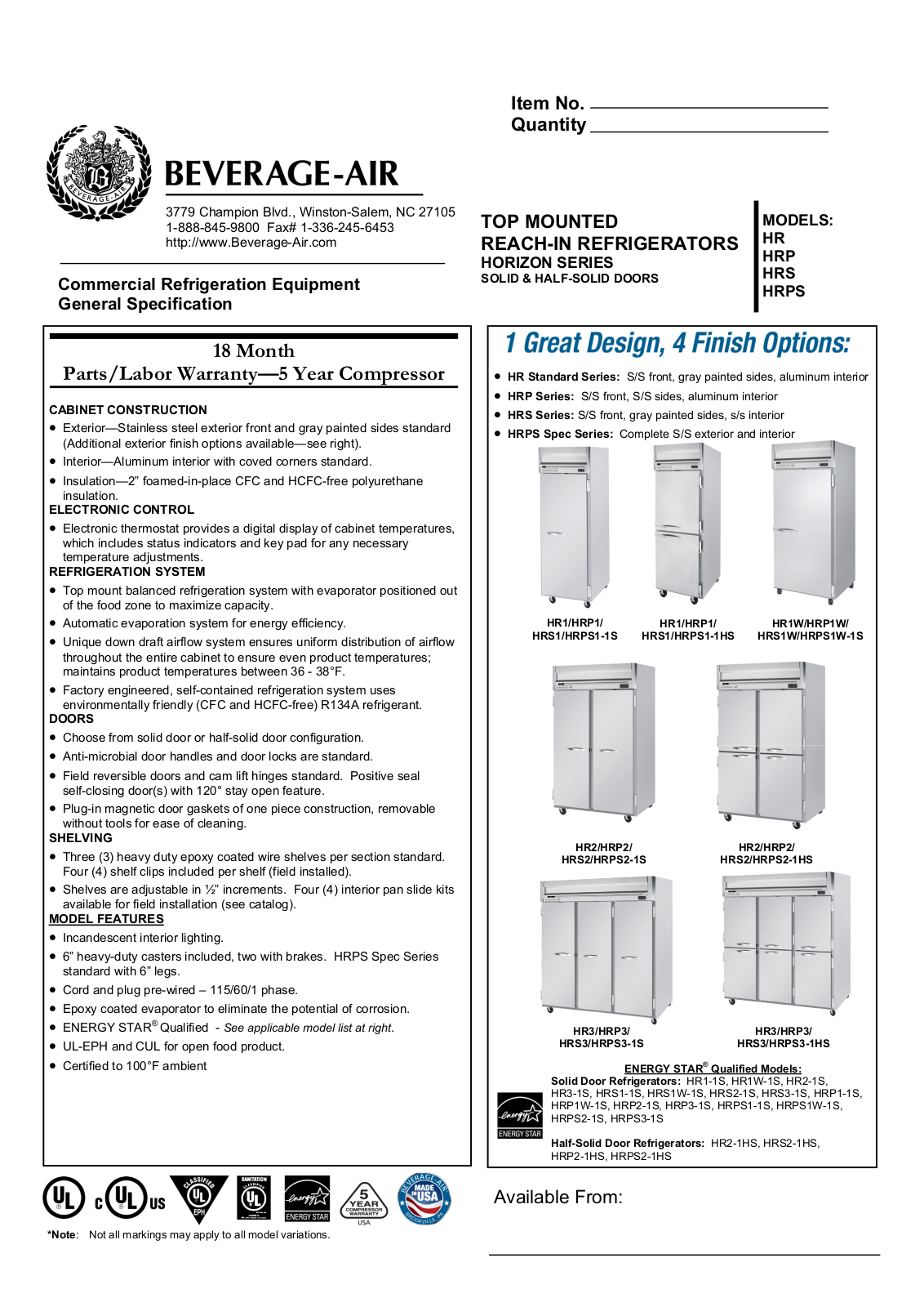 Beverage-Air HRS21S, HRS21HS, HRS21HG, HRS21G, HRS31S Specifications