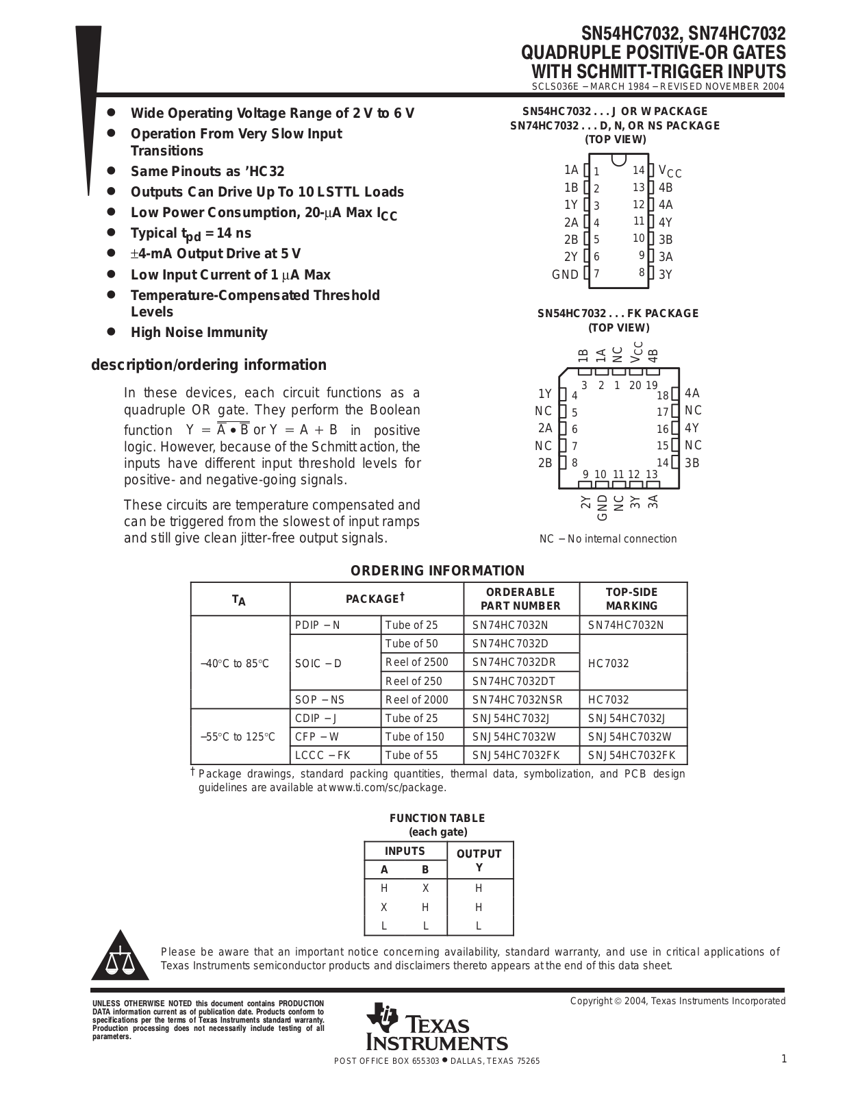 TEXAS INSTRUMENTS SN54HC7032, SN74HC7032 Technical data