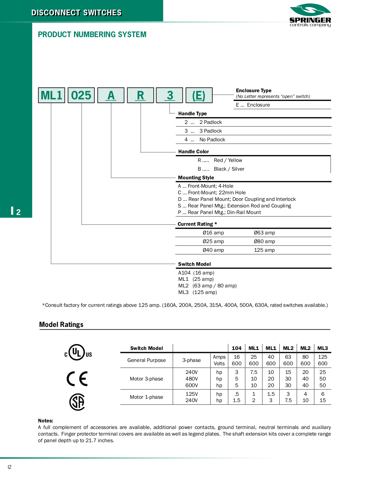 Springer Controls A104, ML1, ML2, ML3 CATALOG NUMBERING SYSTEM