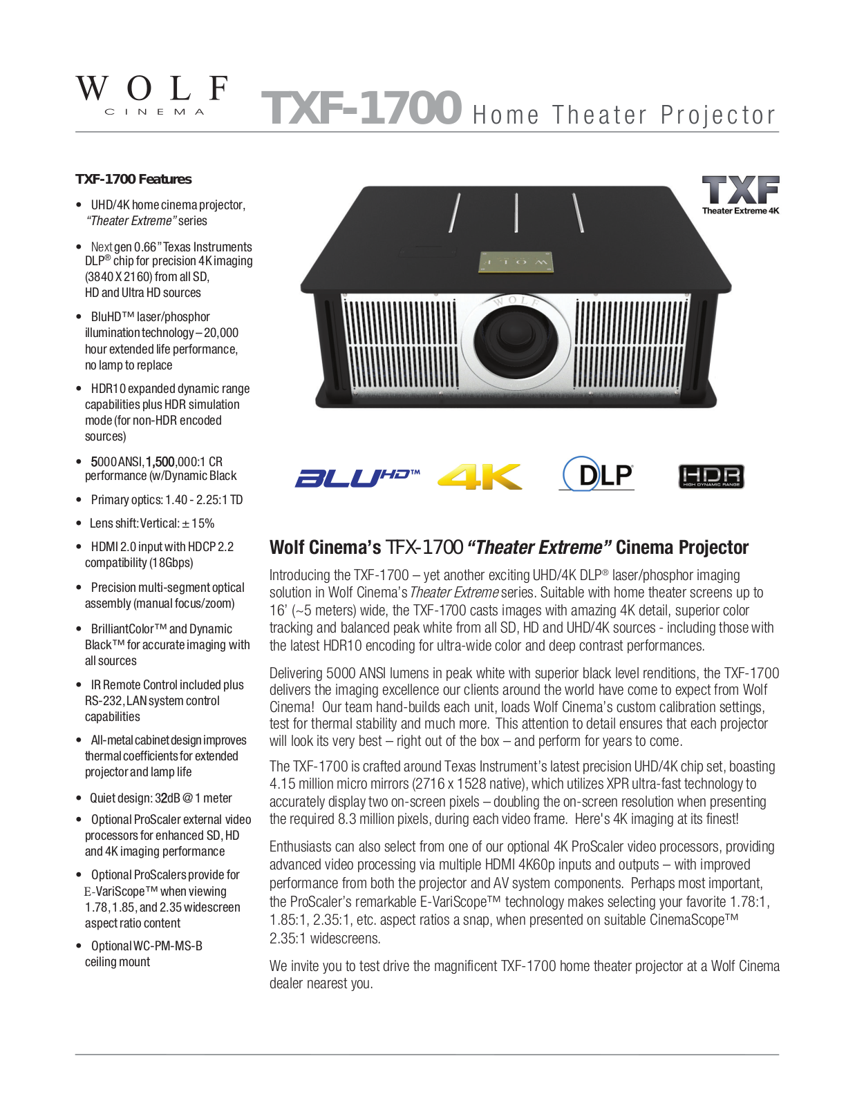 Wolf Cinema TXF-1700 Product Sheet