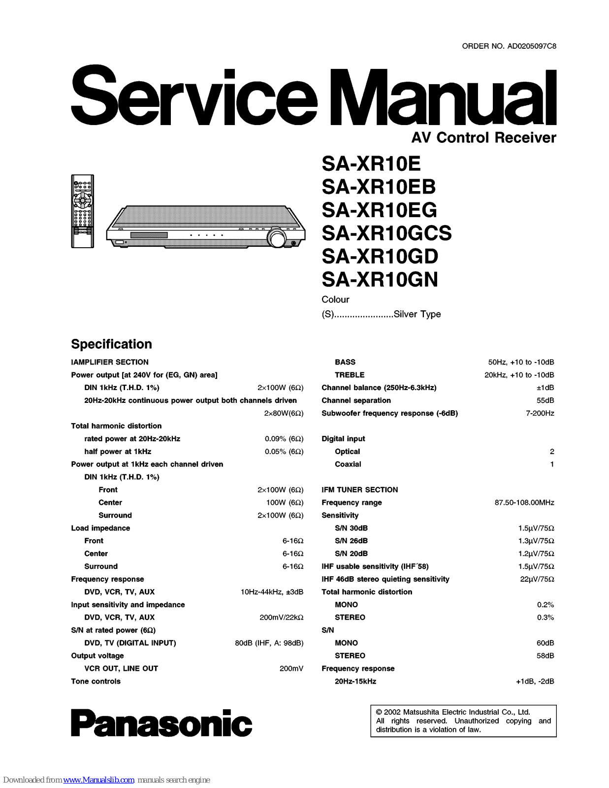 Panasonic SA-XR10E, SA-XR10EG, SA-XR10GCS, SA-XR10GD, SA-XR10GN Service Manual