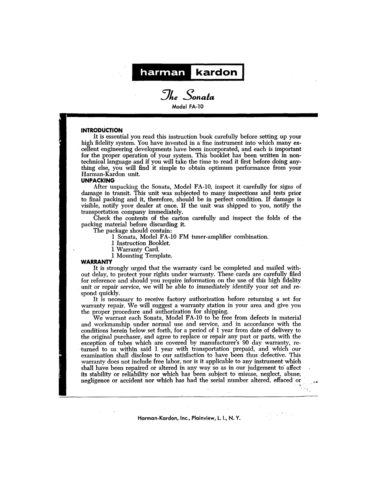 Harman kardon FA10 User Manual