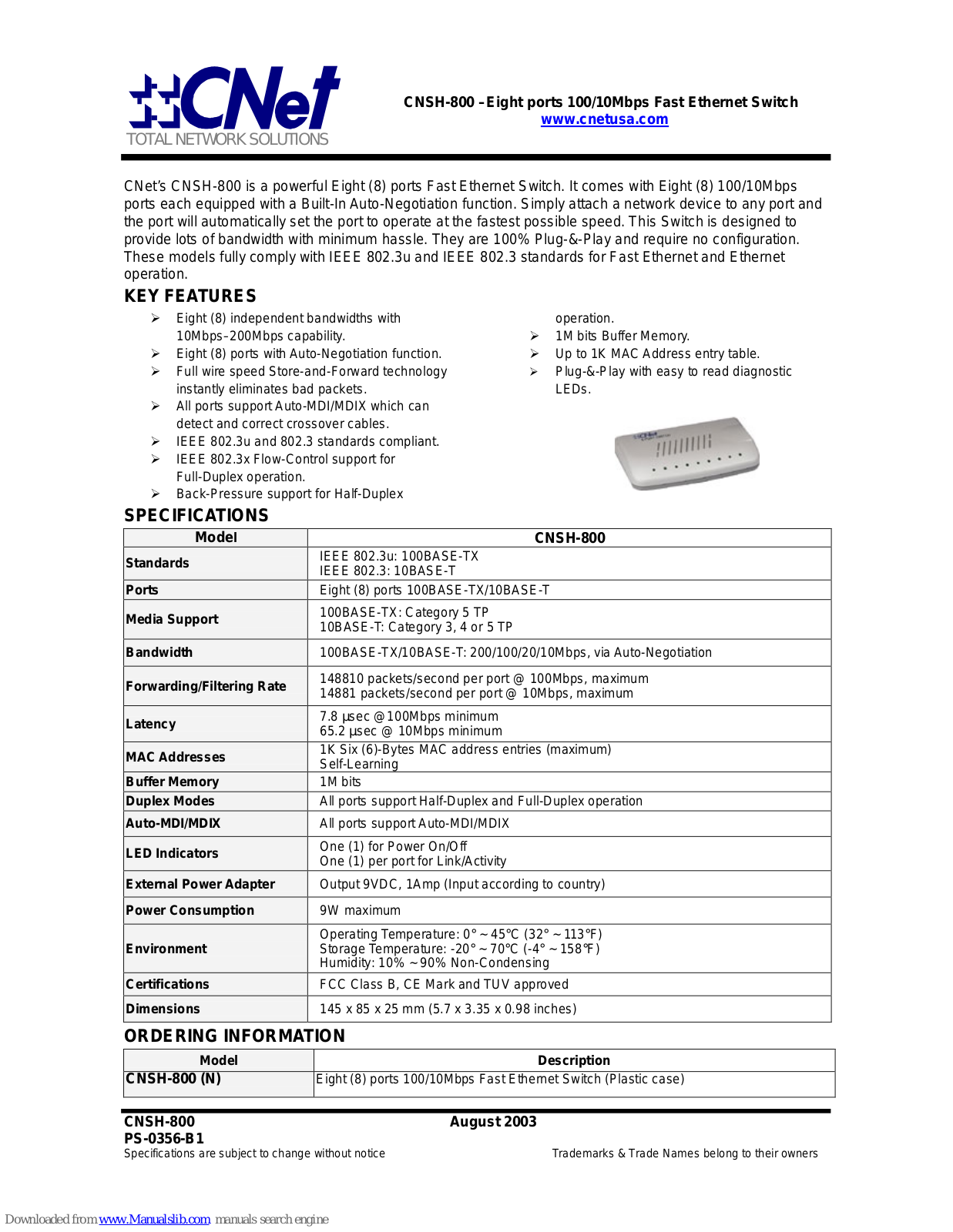CNET CNSH-800, CNSH-800N Specifications - ManualMachine.com