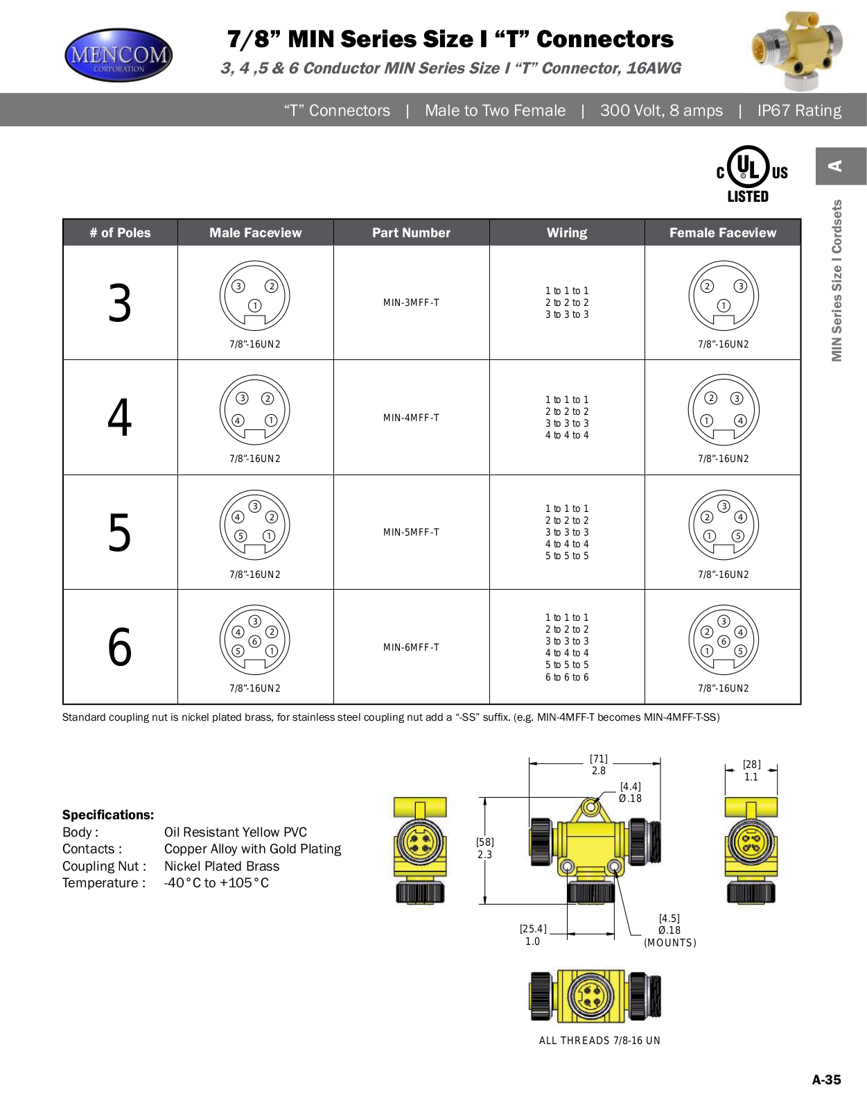 Mencom 7/8” MIN Series Size I “T” Connectors Catalog Page