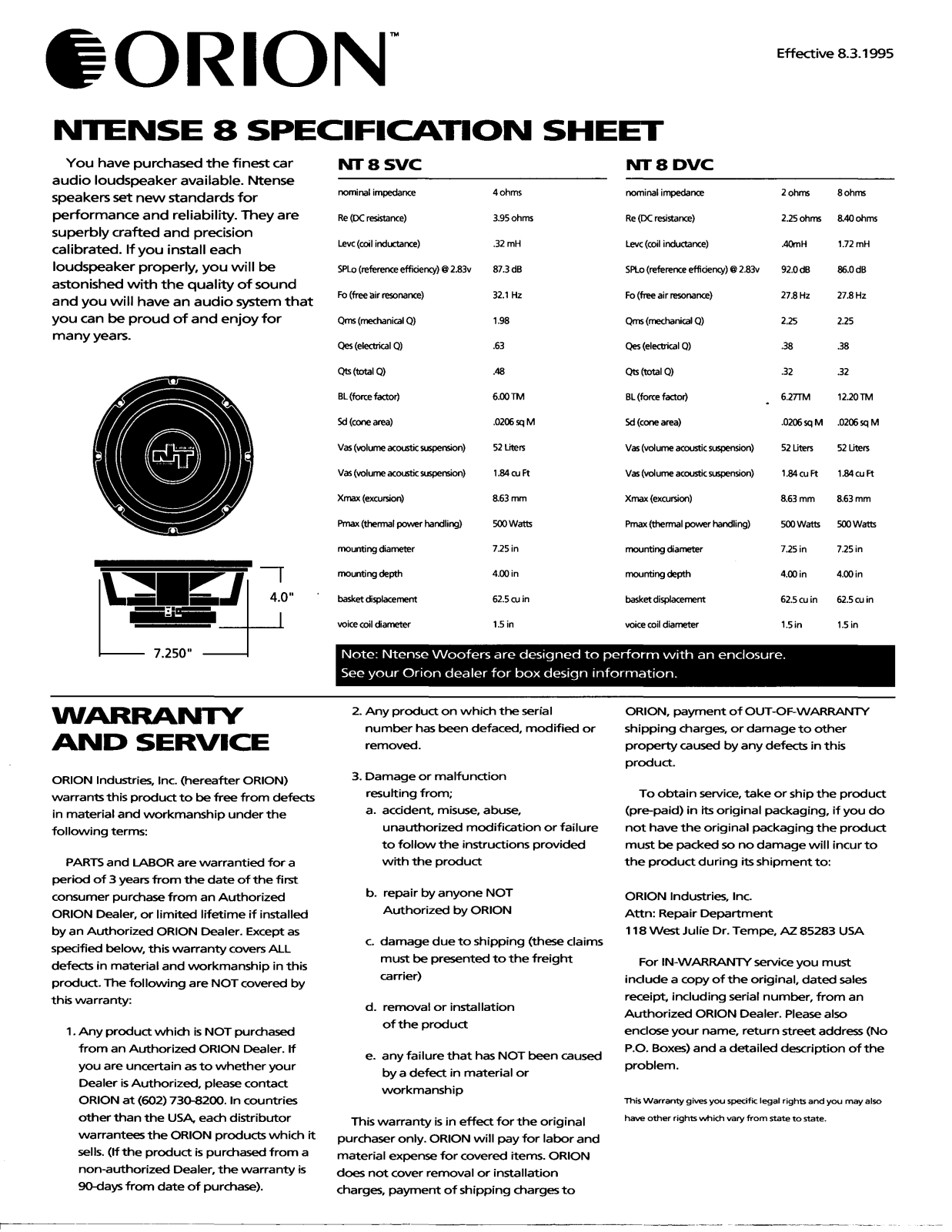 Orion Car Audio NT8 DVC, NT8 SVC User Manual