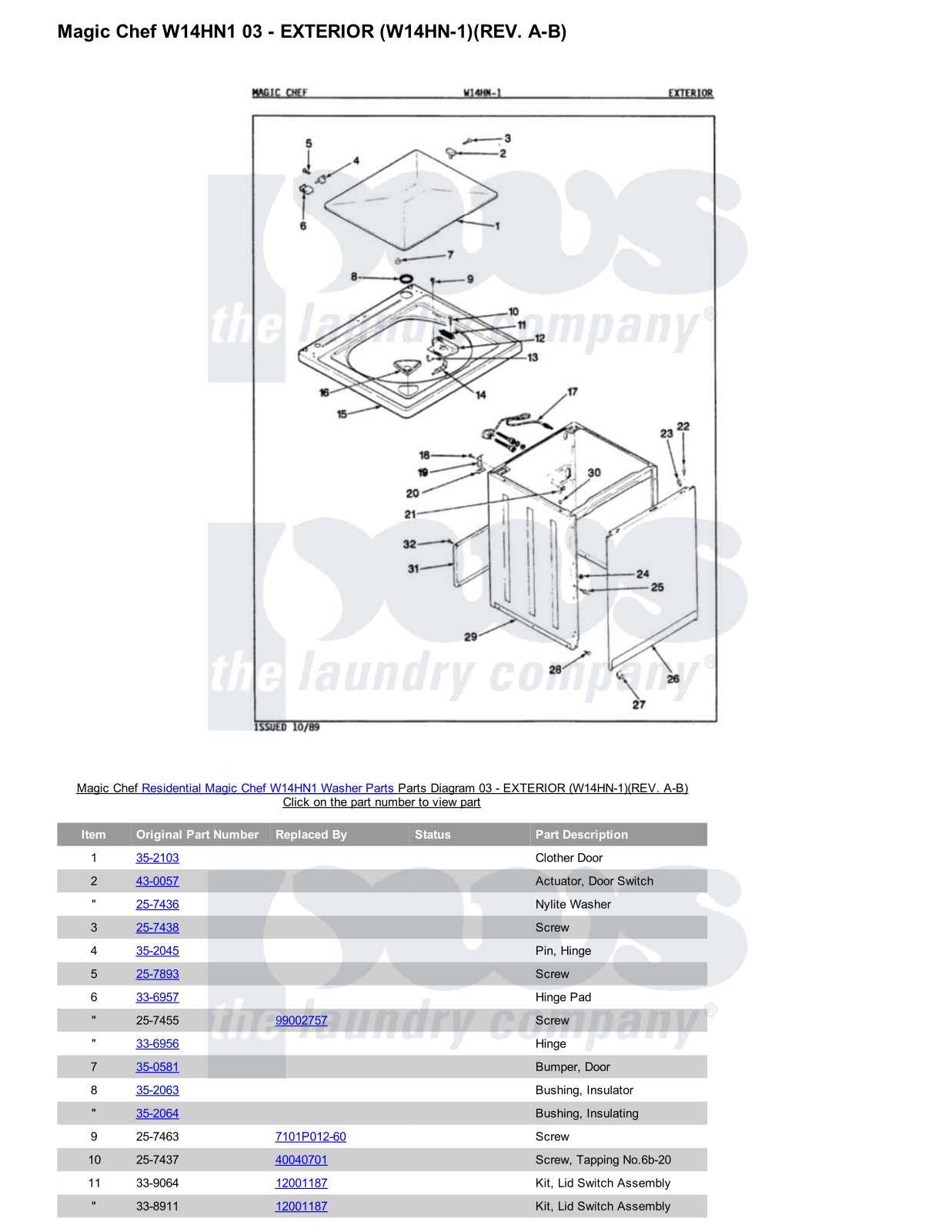 Magic Chef W14HN1 Parts Diagram