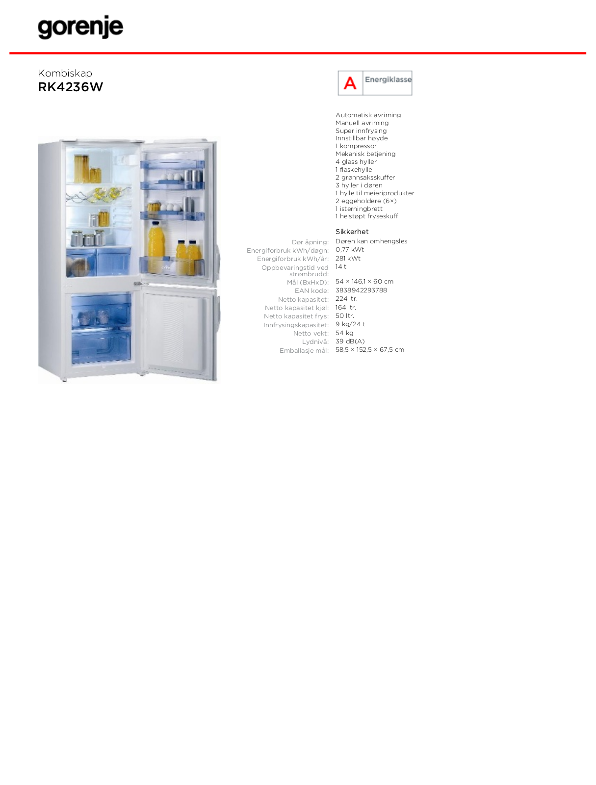 Gorenje RK4236W DATASHEET