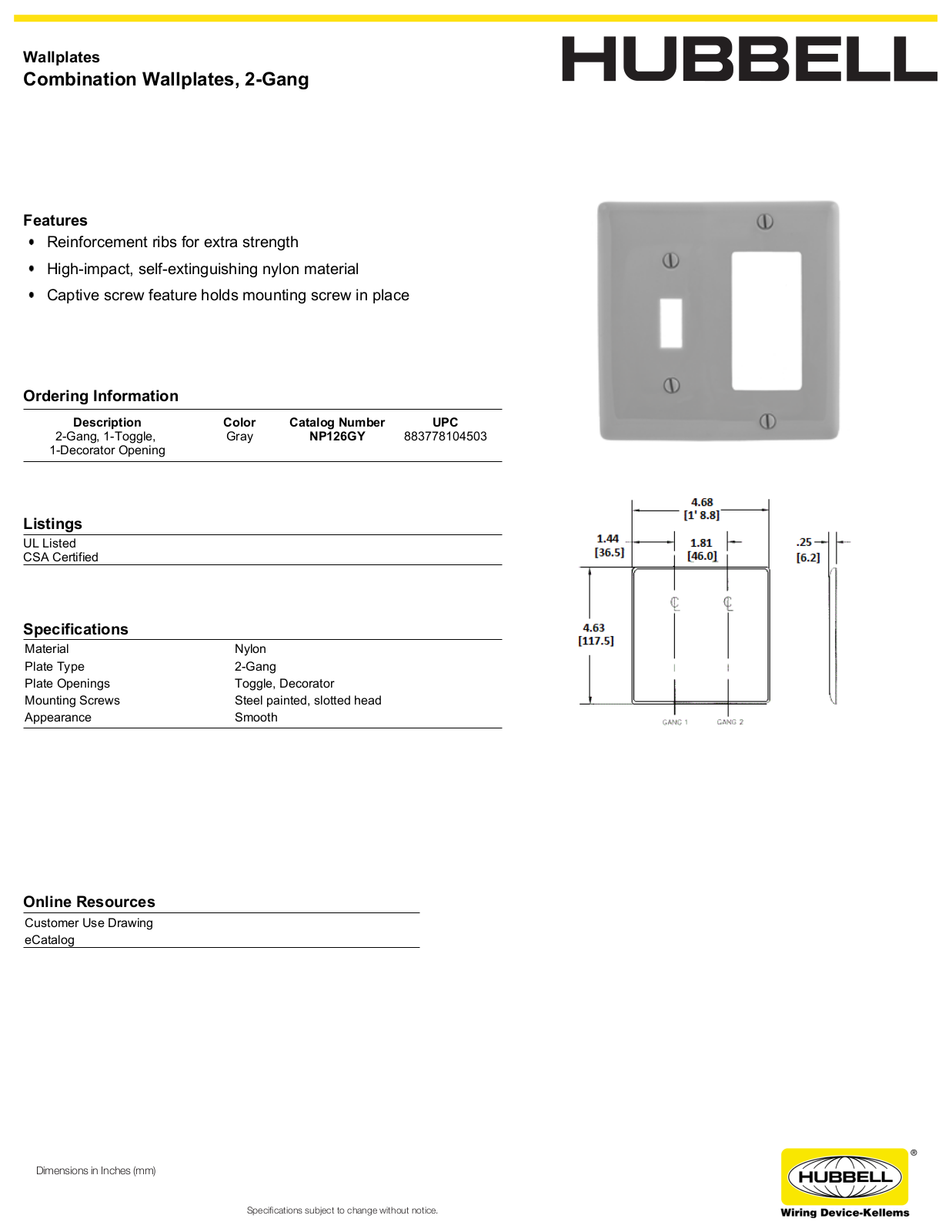 Hubbell NP126GY Specifications