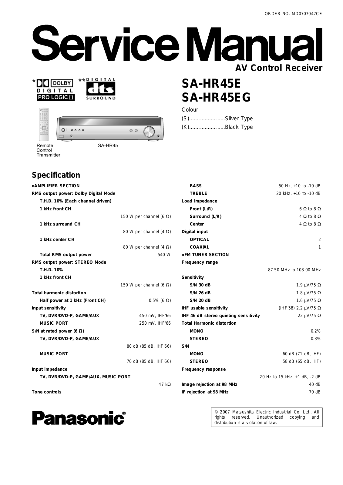 Panasonic SAHR-45-EG, SAHR-45-E Service manual