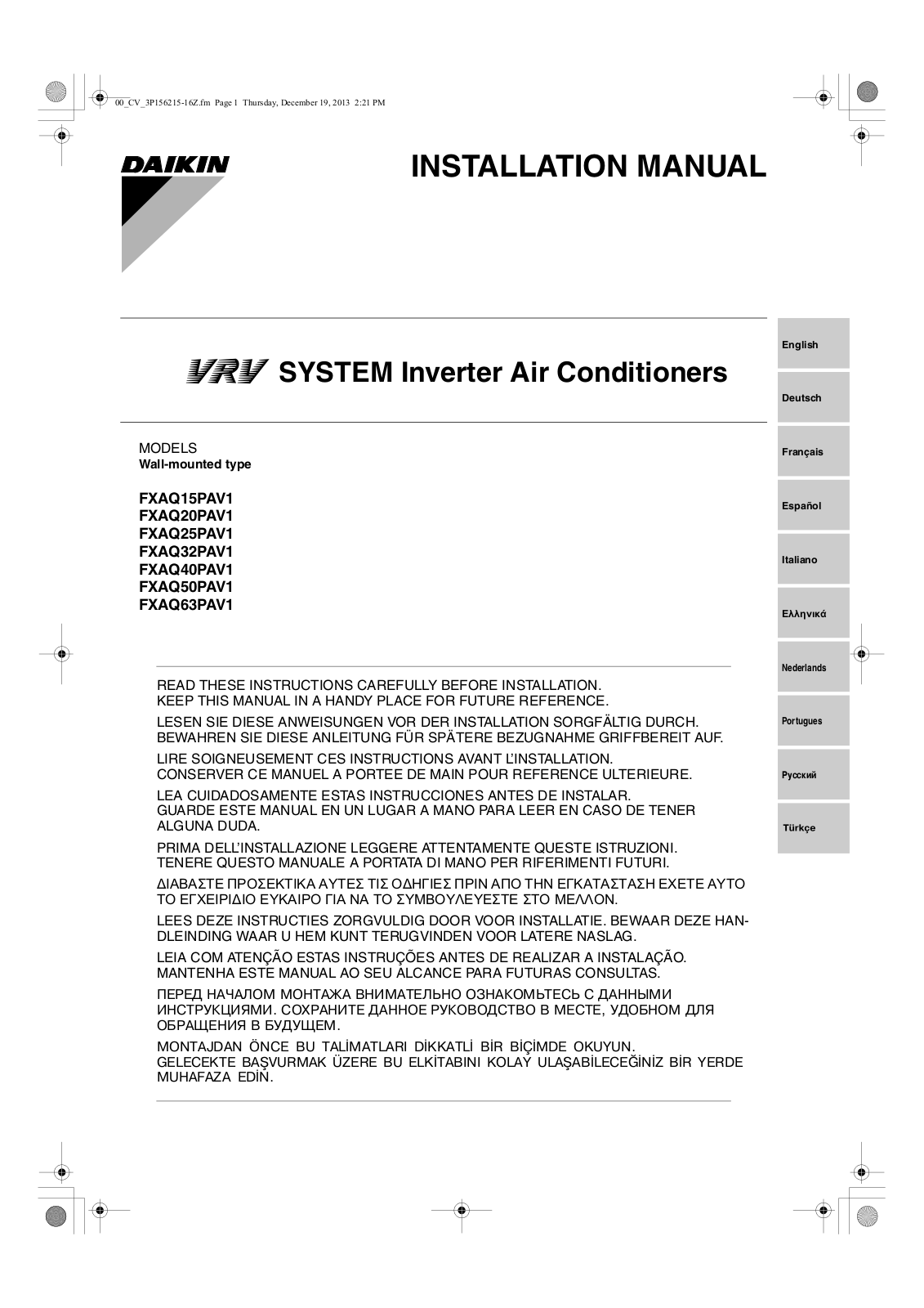 Daikin FXAQ15PAV1 Installation manuals