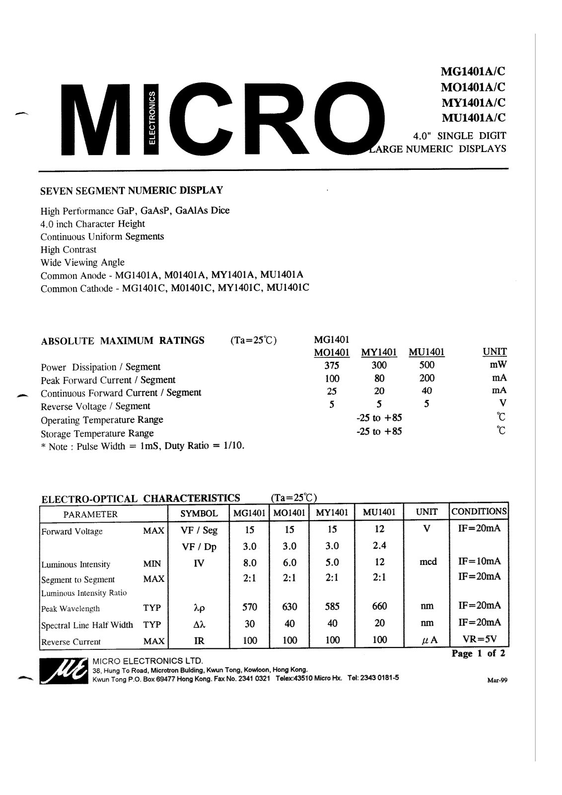 MICRO MU1401A, MU1401C, MO1401A, MO1401C, MG1401C Datasheet