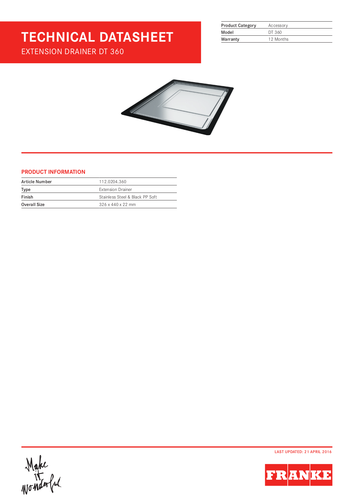 Franke AVP-CMX, KBG110-74PW, KBG110-74ONYX Datasheet