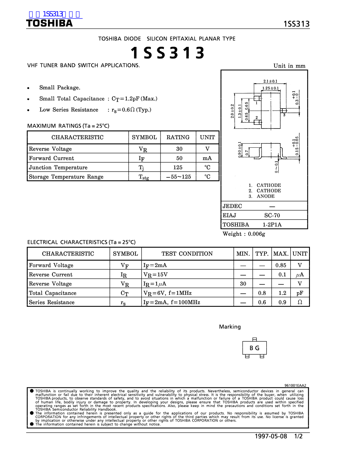 TOSHIBA 1SS313 Technical data