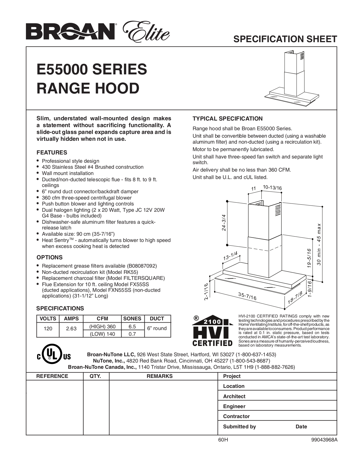 Broan E5590ss Specification Data