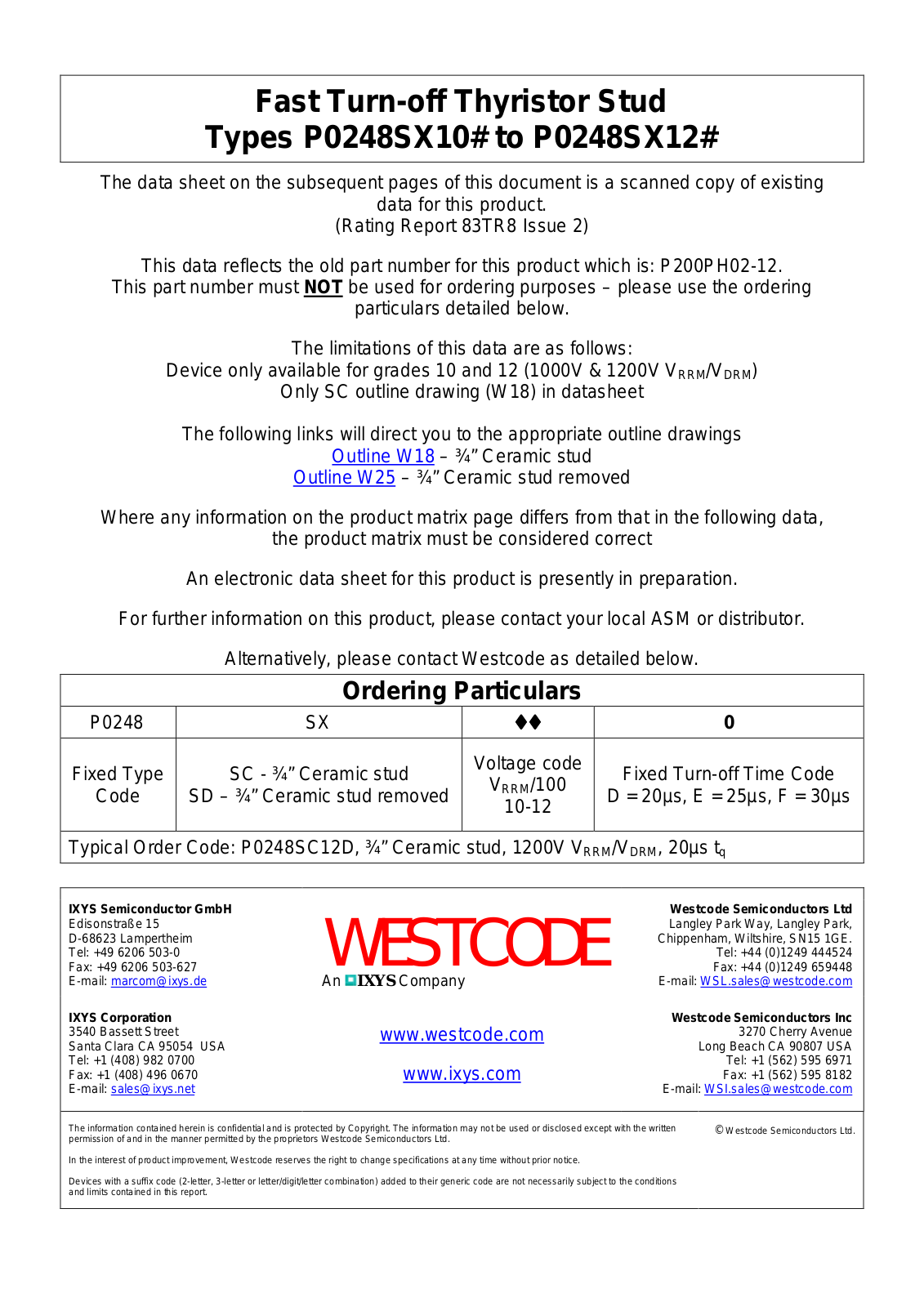 Westcode Semiconductors P0248SX10#, P0248SX12# Data Sheet