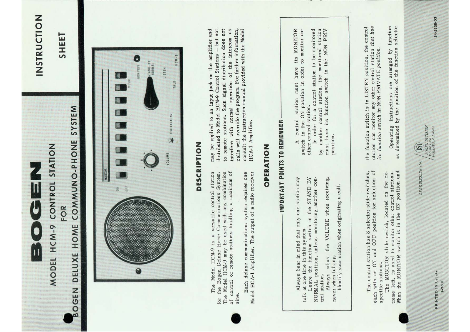 Bogen HCM9 Operating Manual