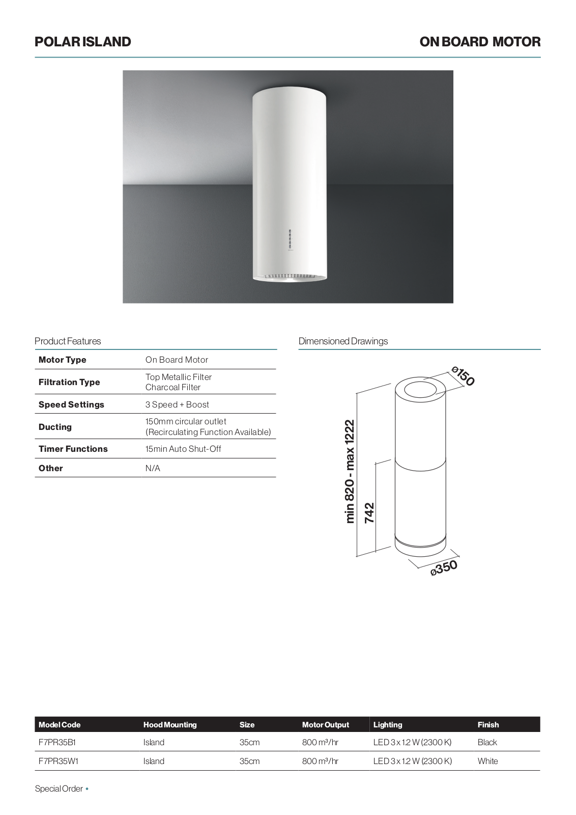 Falmec F7PR35B1, F7PR35W1 Specifications Sheet